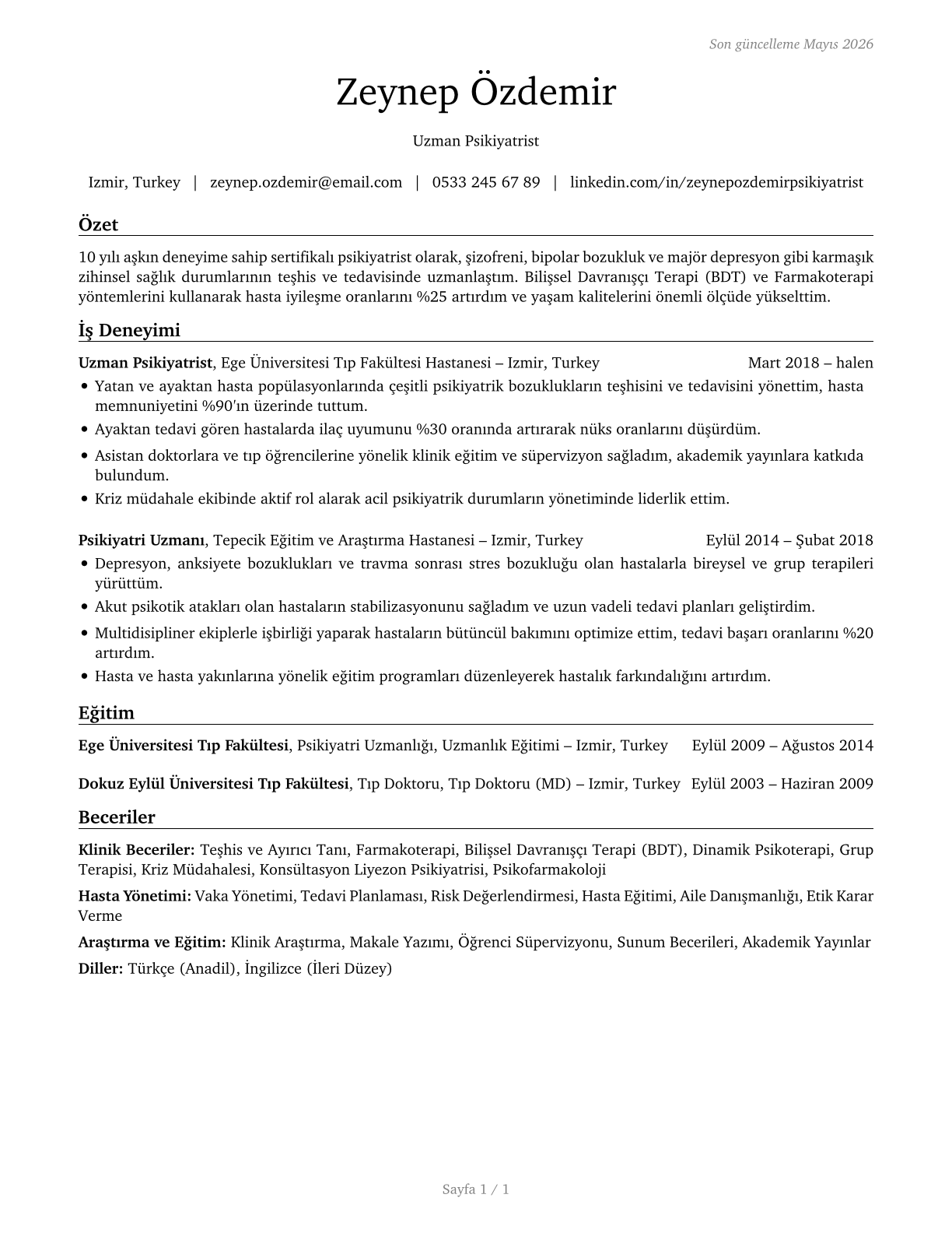 Psychiatrists CV in Turkish — page 1