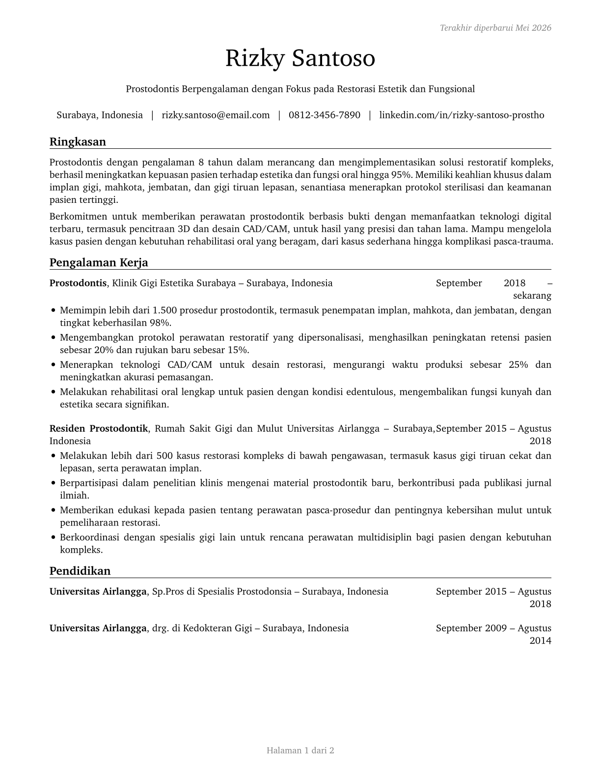 Prosthodontists CV in Indonesian — page 1