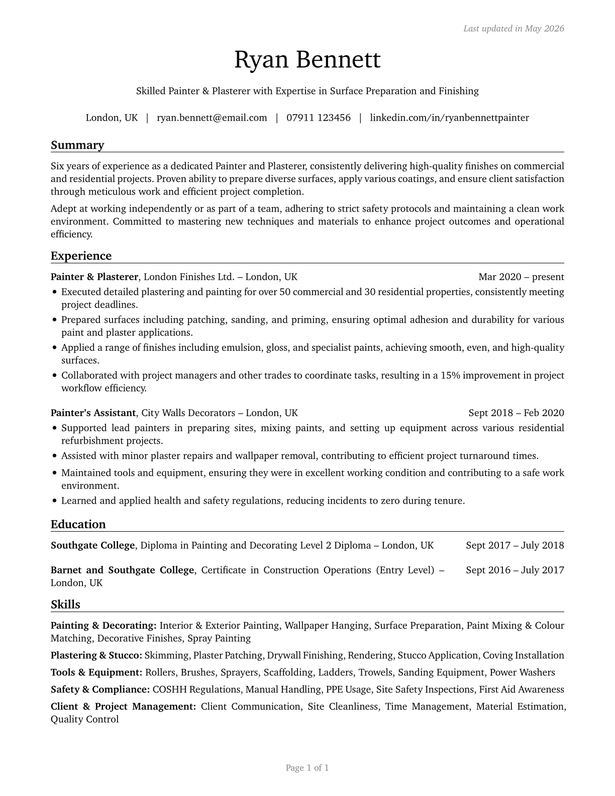 Helpers--Painters, Paperhangers, Plasterers, and Stucco Masons CV in English — page 1