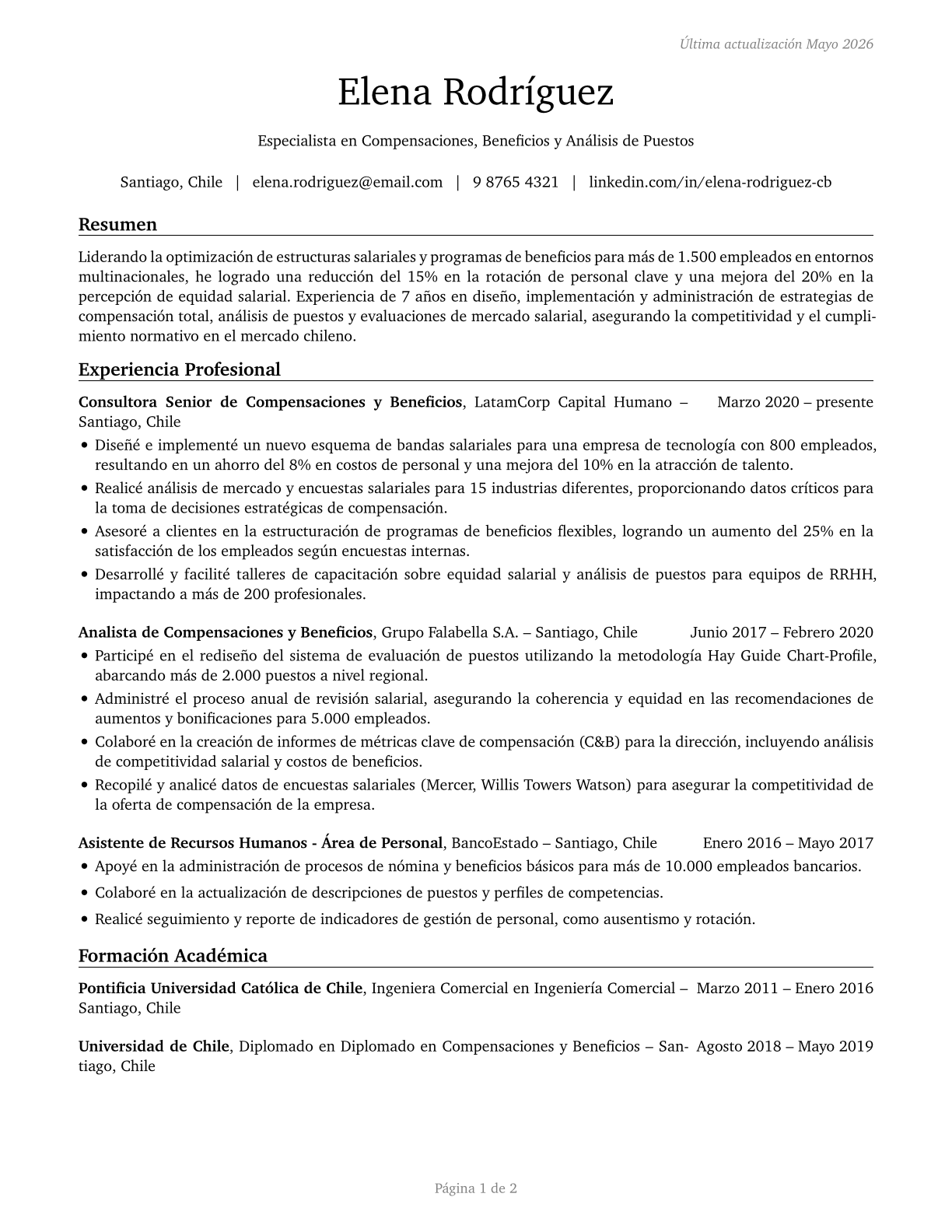 Compensation, Benefits, and Job Analysis Specialists CV in Spanish — page 1