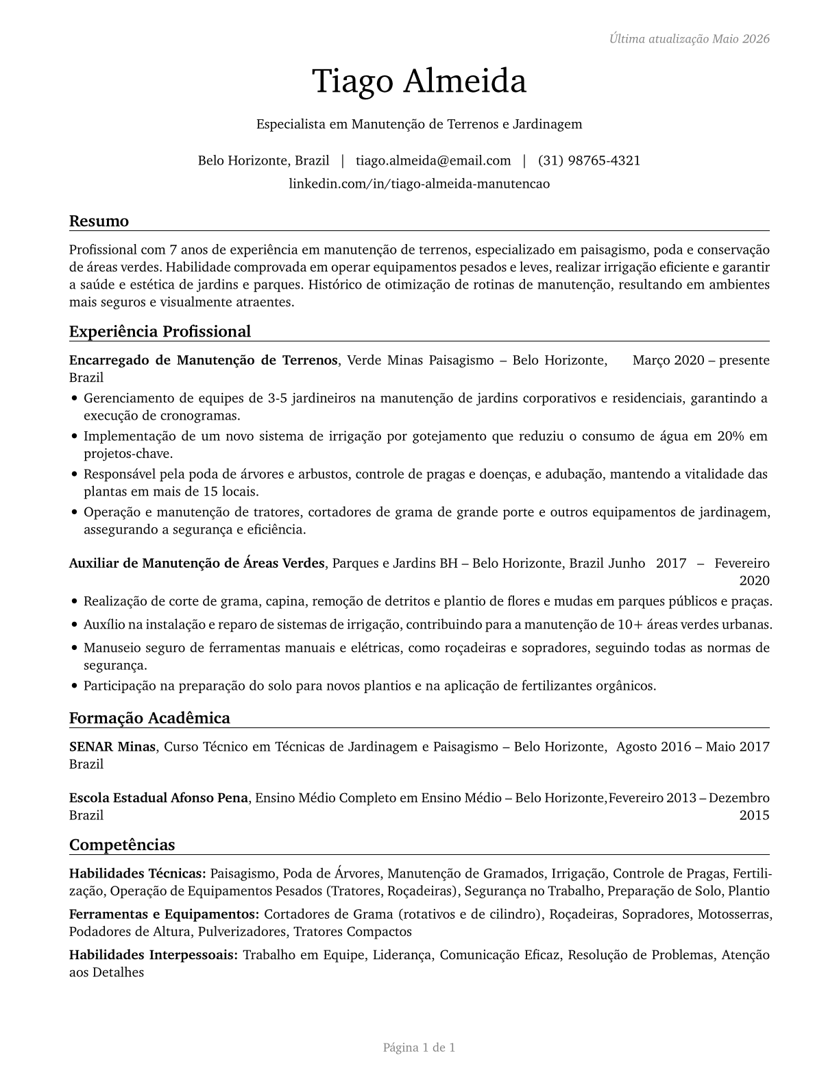 Grounds Maintenance Workers, All Other CV in Portuguese — page 1