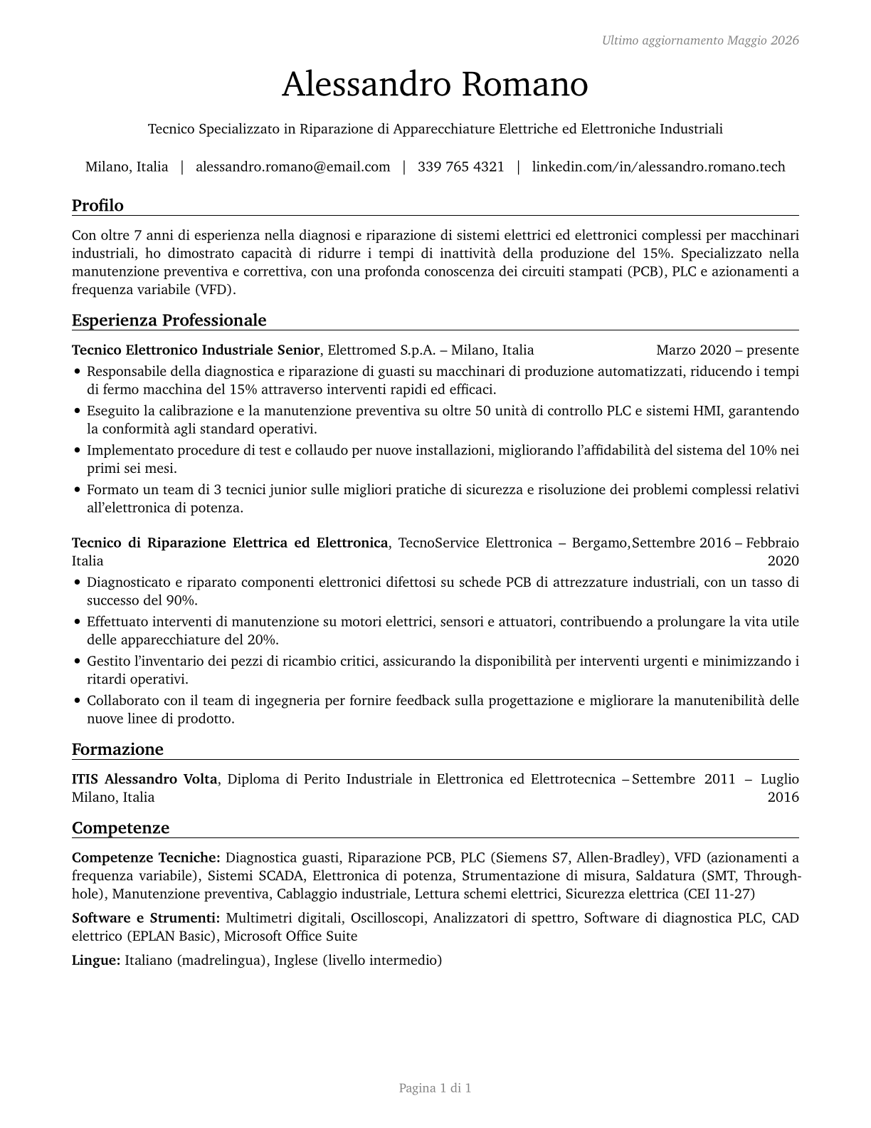 Electrical and Electronics Repairers, Commercial and Industrial Equipment CV in Italian — page 1