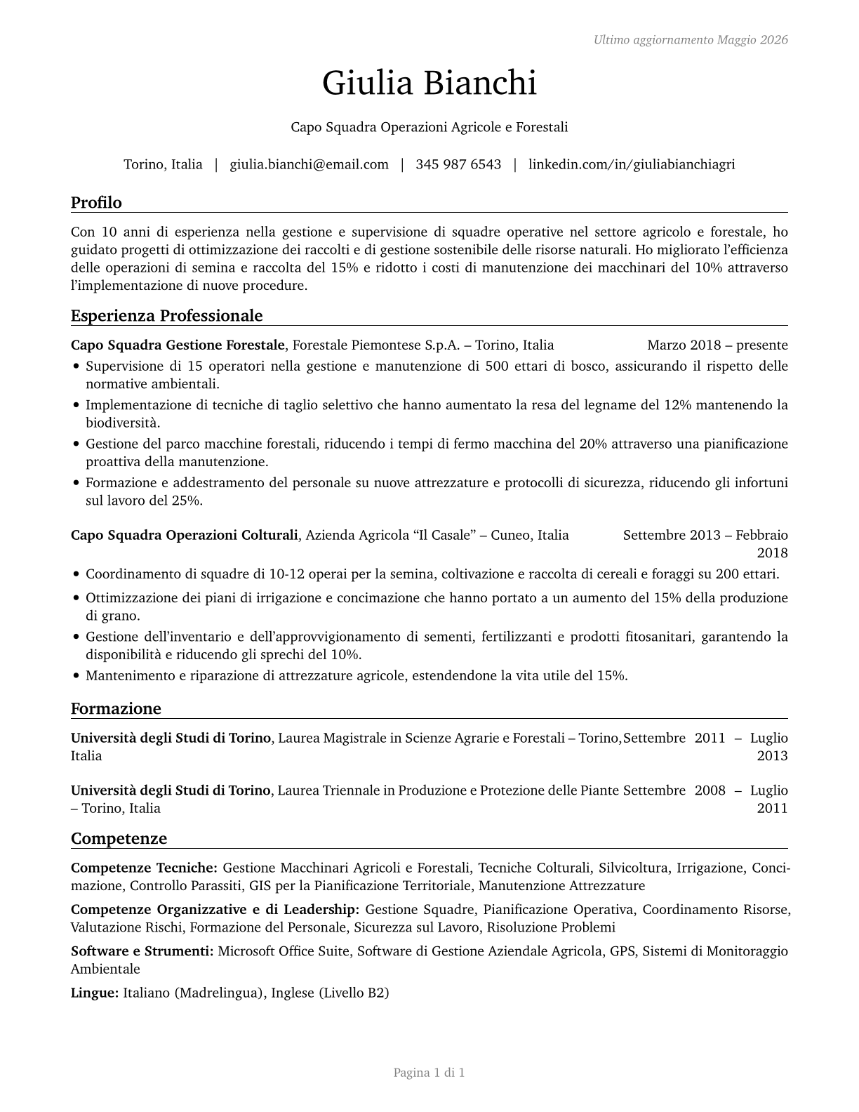 First-Line Supervisors of Farming, Fishing, and Forestry Workers CV in Italian — page 1