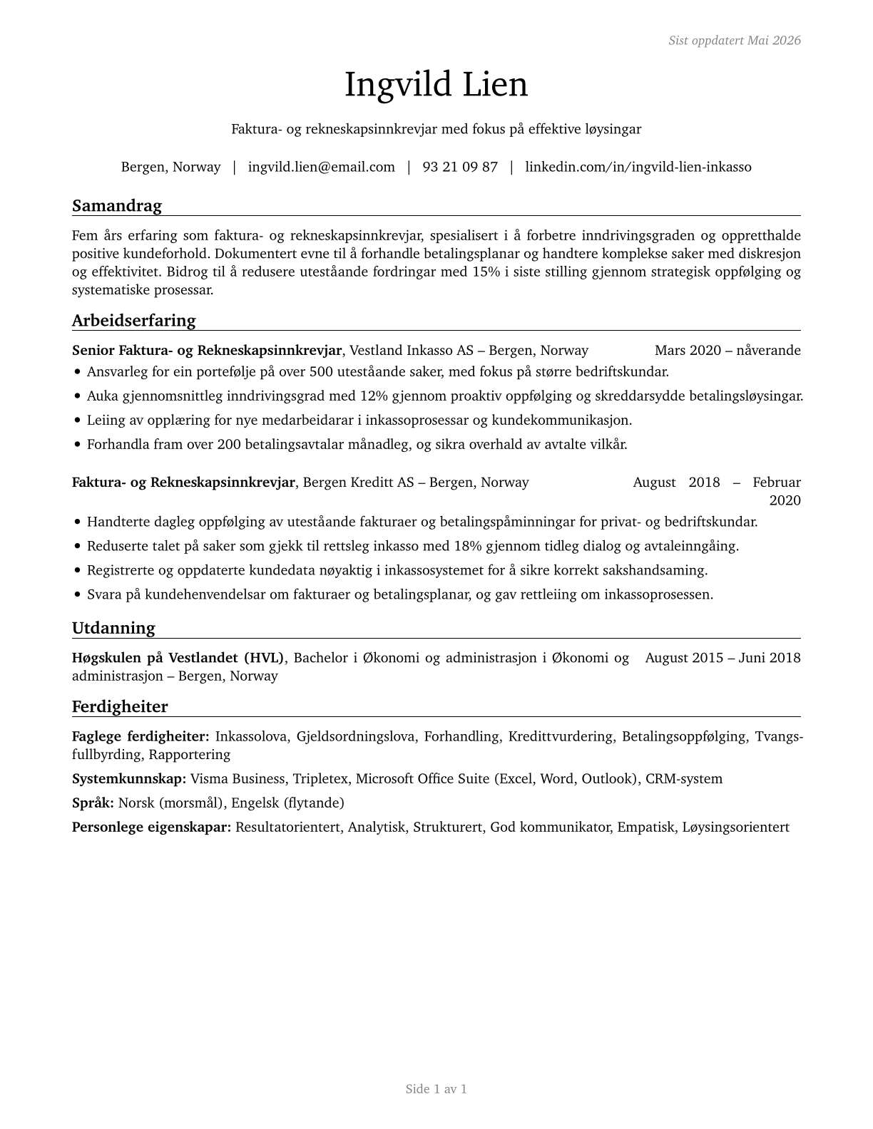 Bill and Account Collectors CV in Norwegian_nynorsk — page 1