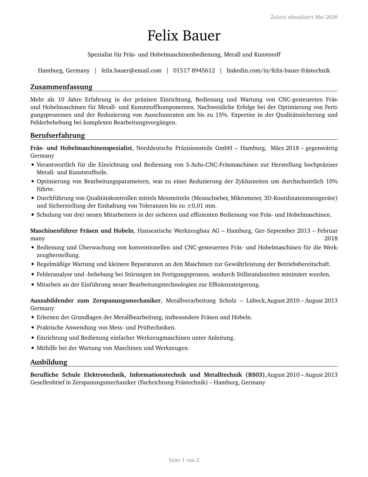 Milling and Planing Machine Setters, Operators, and Tenders, Metal and Plastic CV in German — page 1
