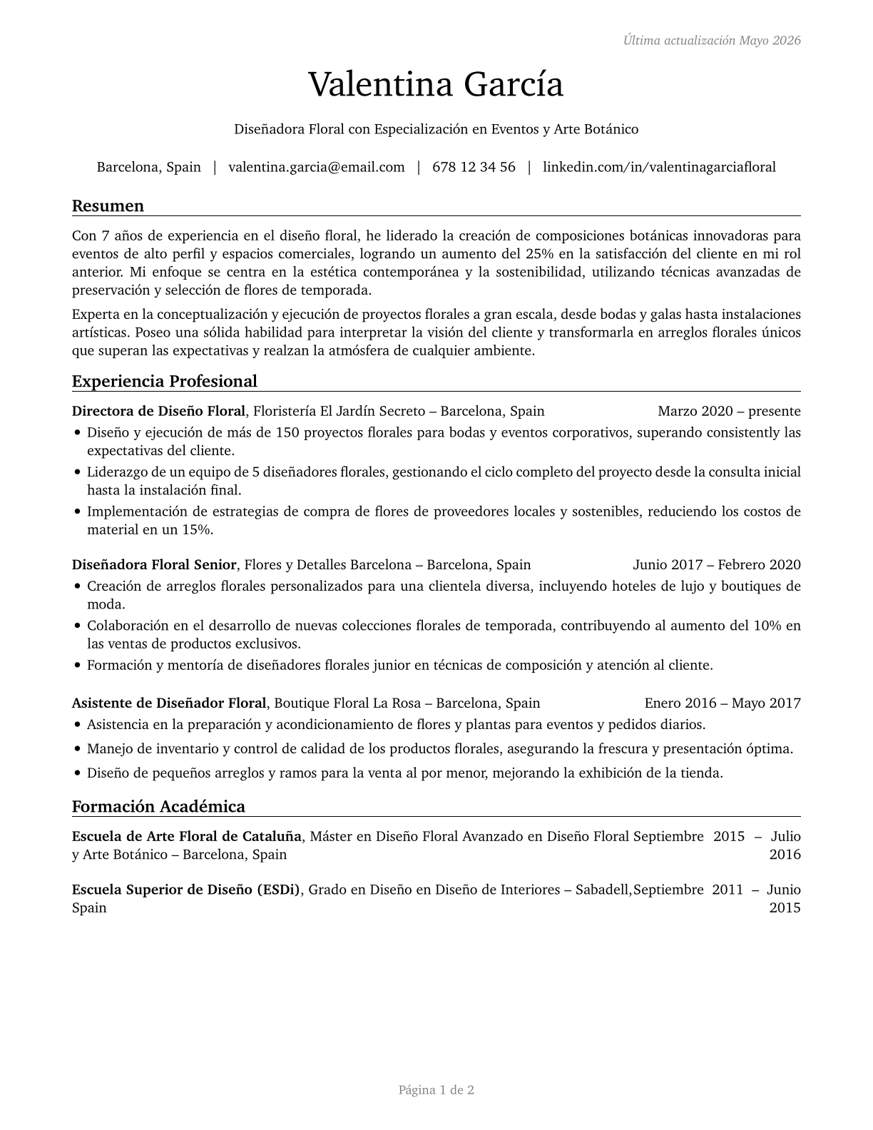 Floral Designers CV in Spanish — page 1