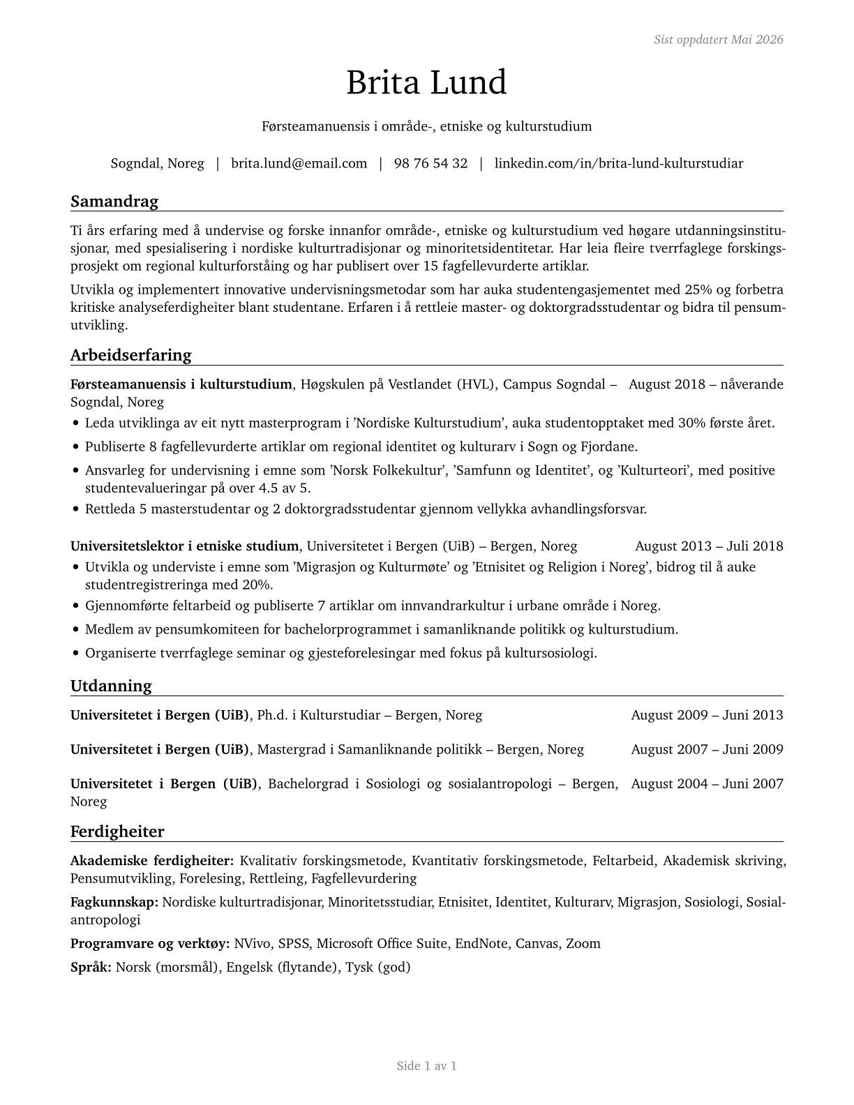 Area, Ethnic, and Cultural Studies Teachers, Postsecondary CV in Norwegian_nynorsk — page 1