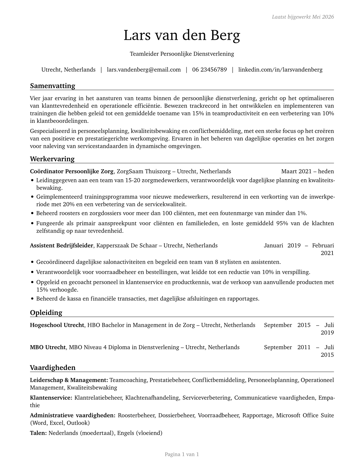 First-Line Supervisors of Personal Service Workers CV in Dutch — page 1
