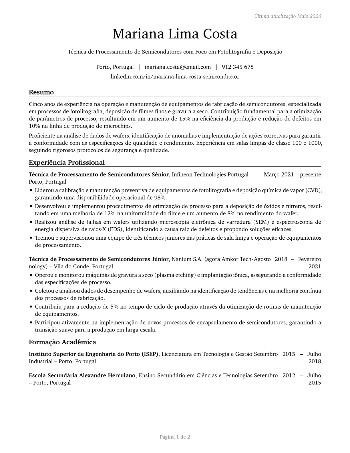 Semiconductor Processing Technicians CV in Portuguese — page 1