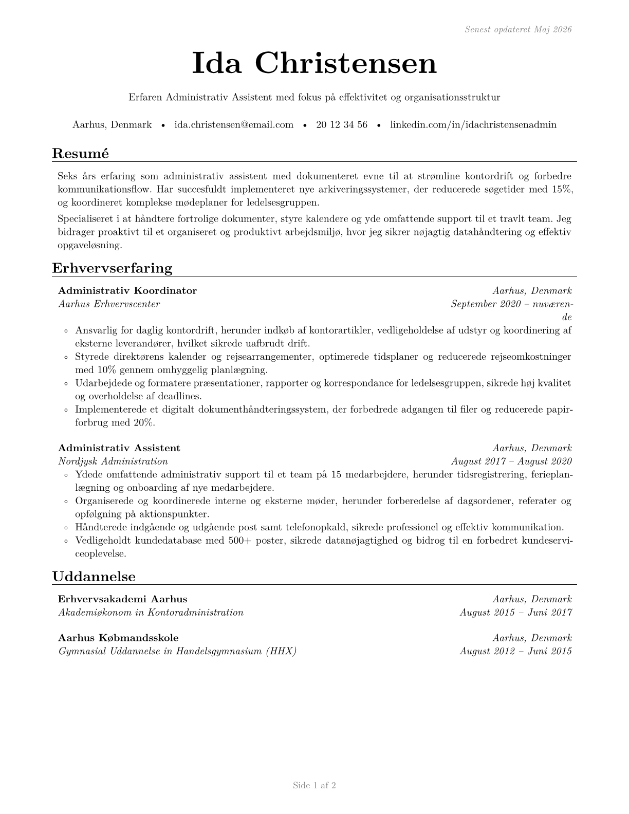 Secretaries and Administrative Assistants, Except Legal, Medical, and Executive CV in Danish — page 1
