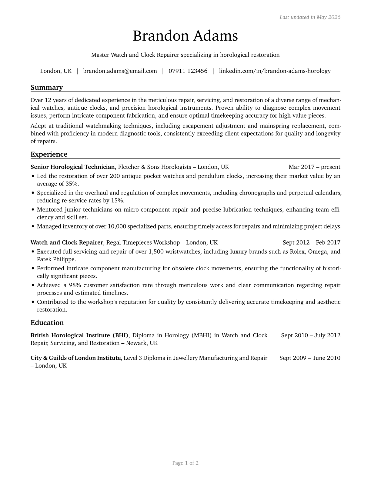 Watch and Clock Repairers CV in English — page 1