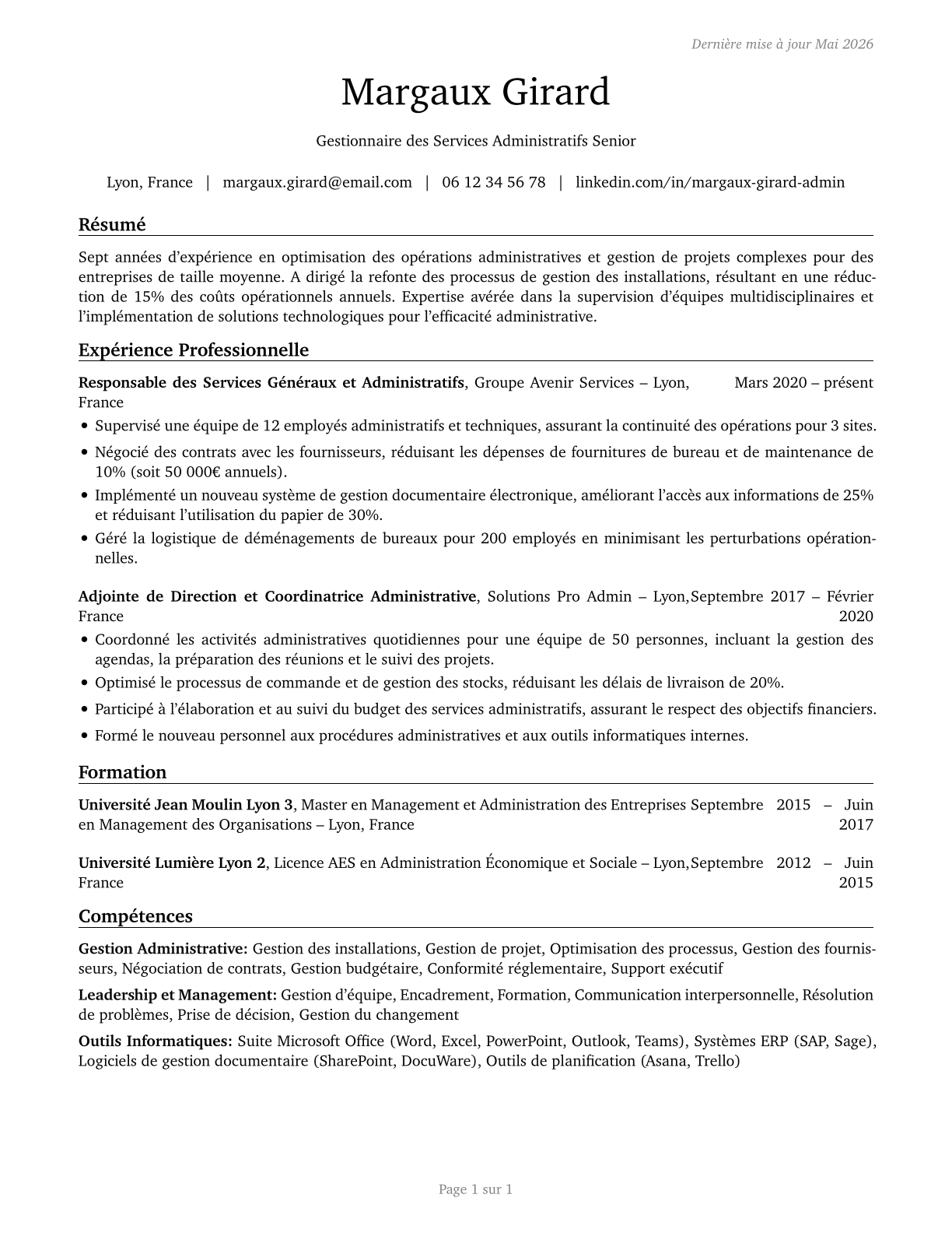 Administrative Services Managers CV in French — page 1