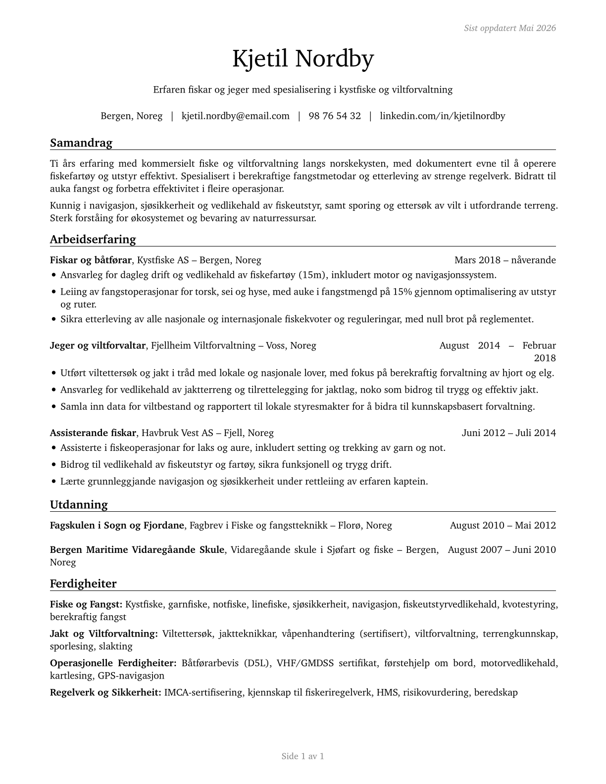 Fishing and Hunting Workers CV in Norwegian_nynorsk — page 1