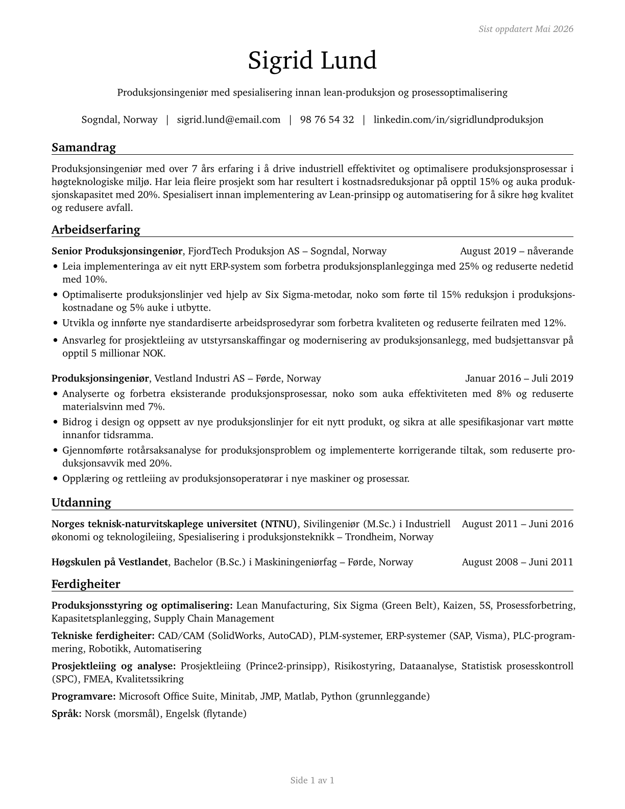Manufacturing Engineers CV in Norwegian_nynorsk — page 1