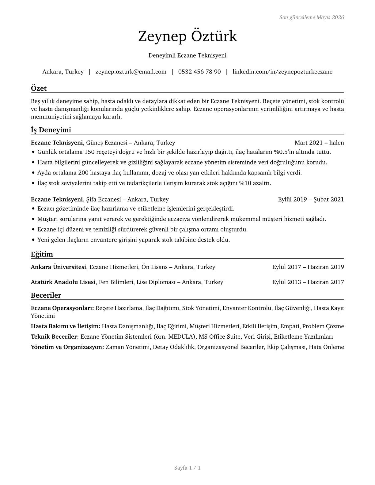 Pharmacy Technicians CV in Turkish — page 1