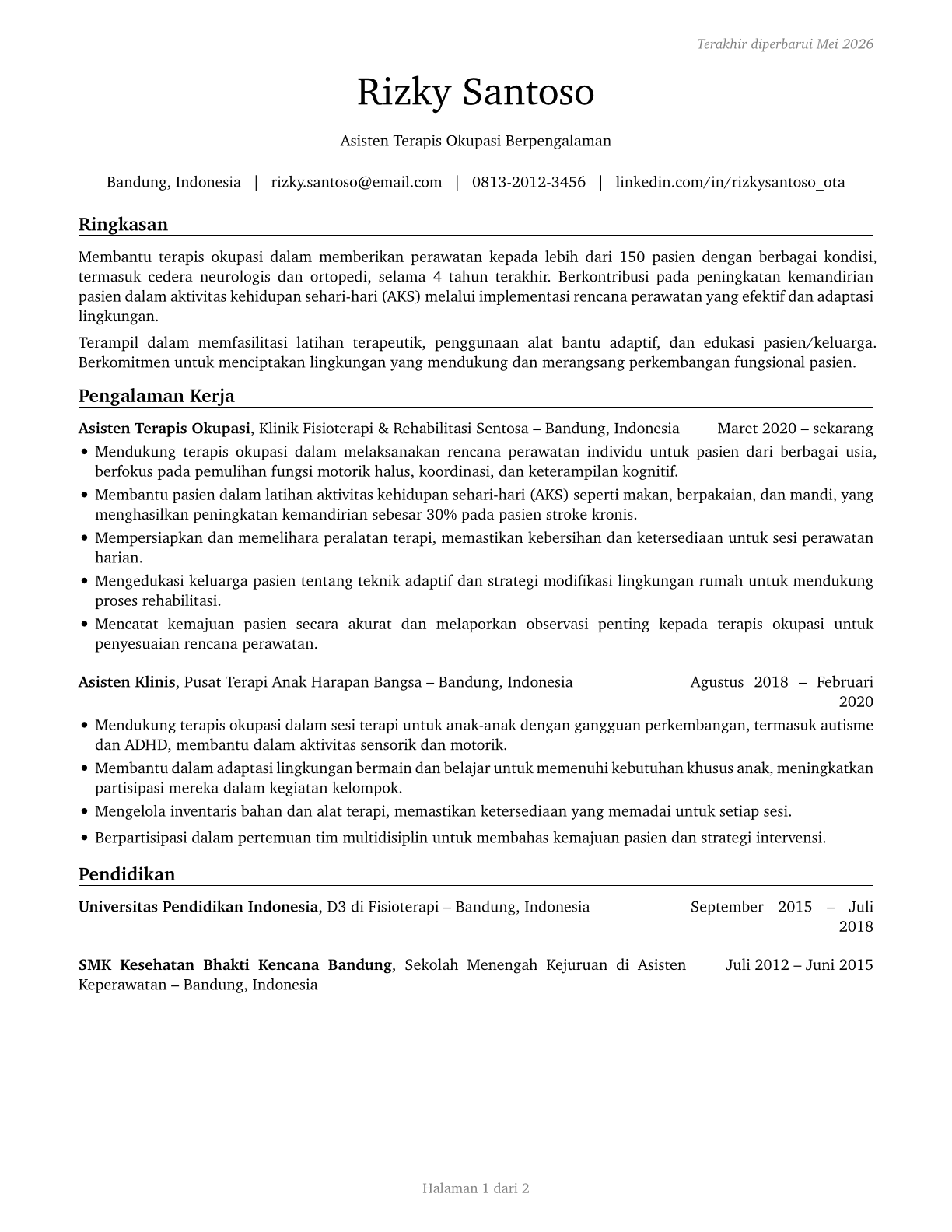 Occupational Therapy Aides CV in Indonesian — page 1