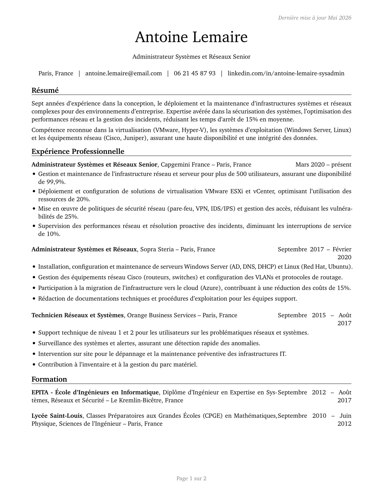 Network and Computer Systems Administrators CV in French — page 1