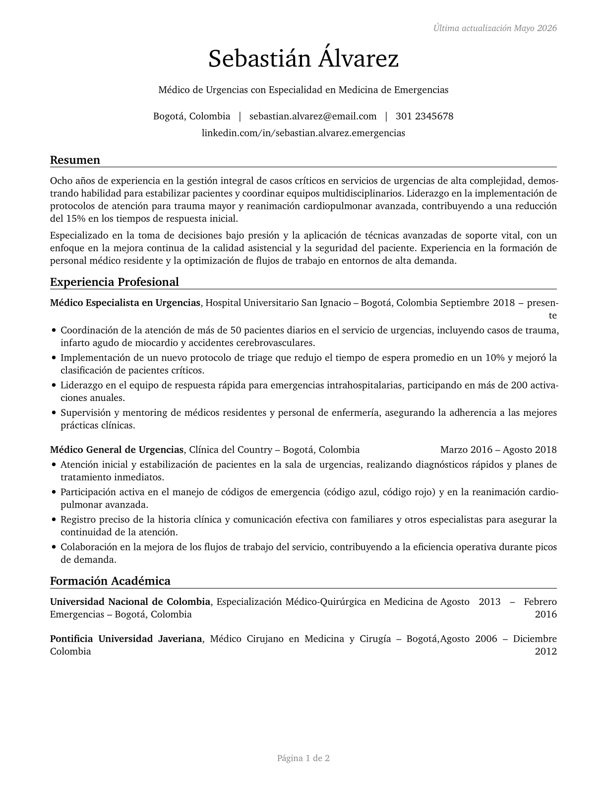 Emergency Medicine Physicians CV in Spanish — page 1