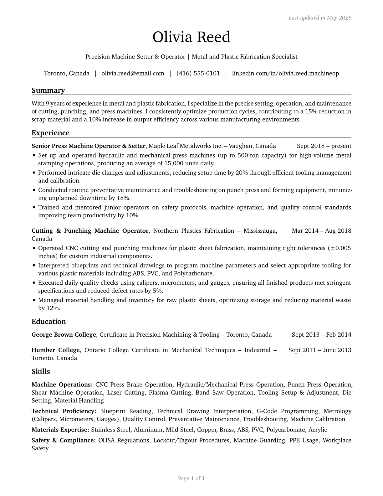 Cutting, Punching, and Press Machine Setters, Operators, and Tenders, Metal and Plastic CV in English — page 1