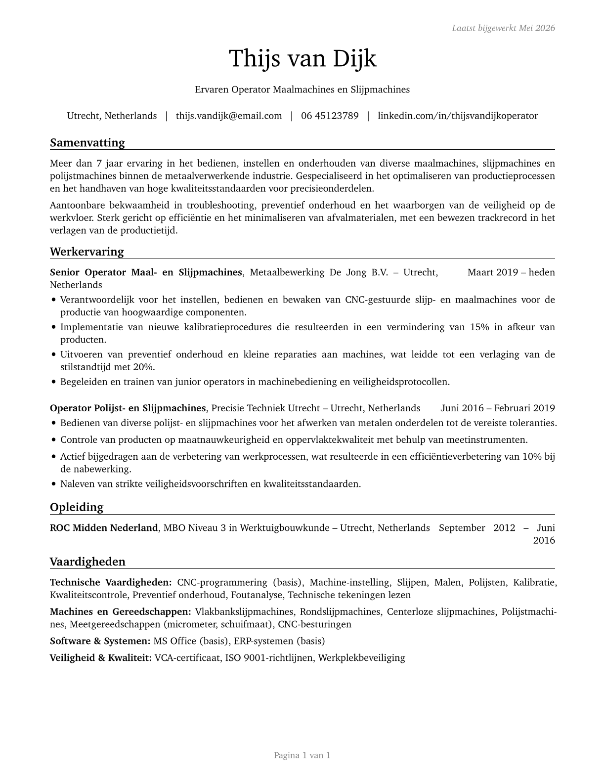 Crushing, Grinding, and Polishing Machine Setters, Operators, and Tenders CV in Dutch — page 1