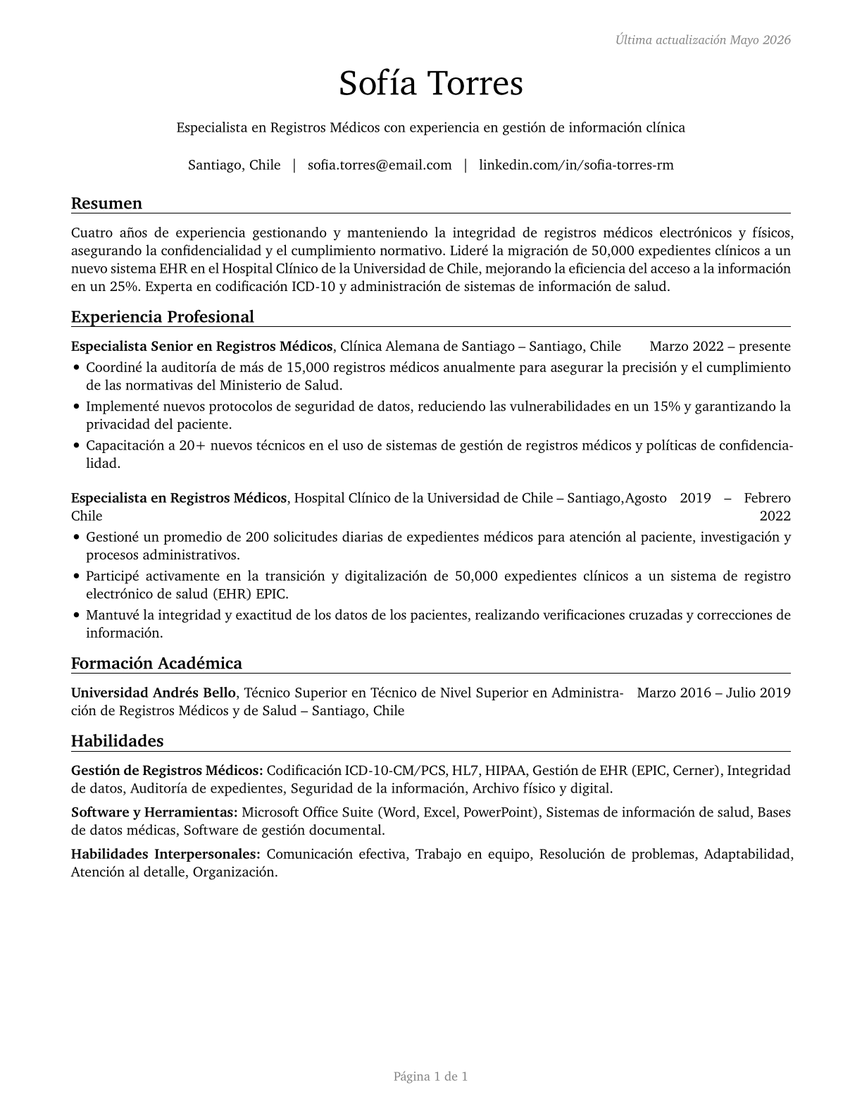 Medical Records Specialists CV in Spanish — page 1