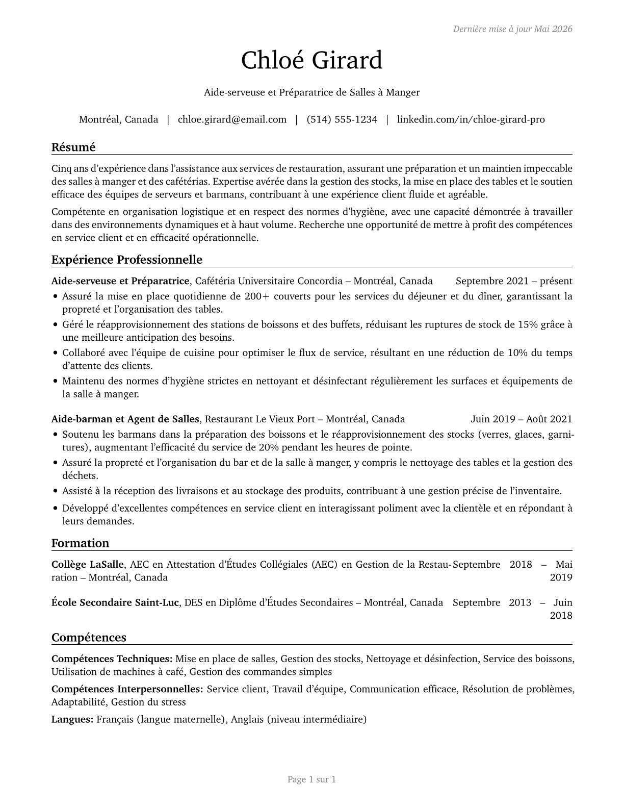 Dining Room and Cafeteria Attendants and Bartender Helpers CV in French — page 1