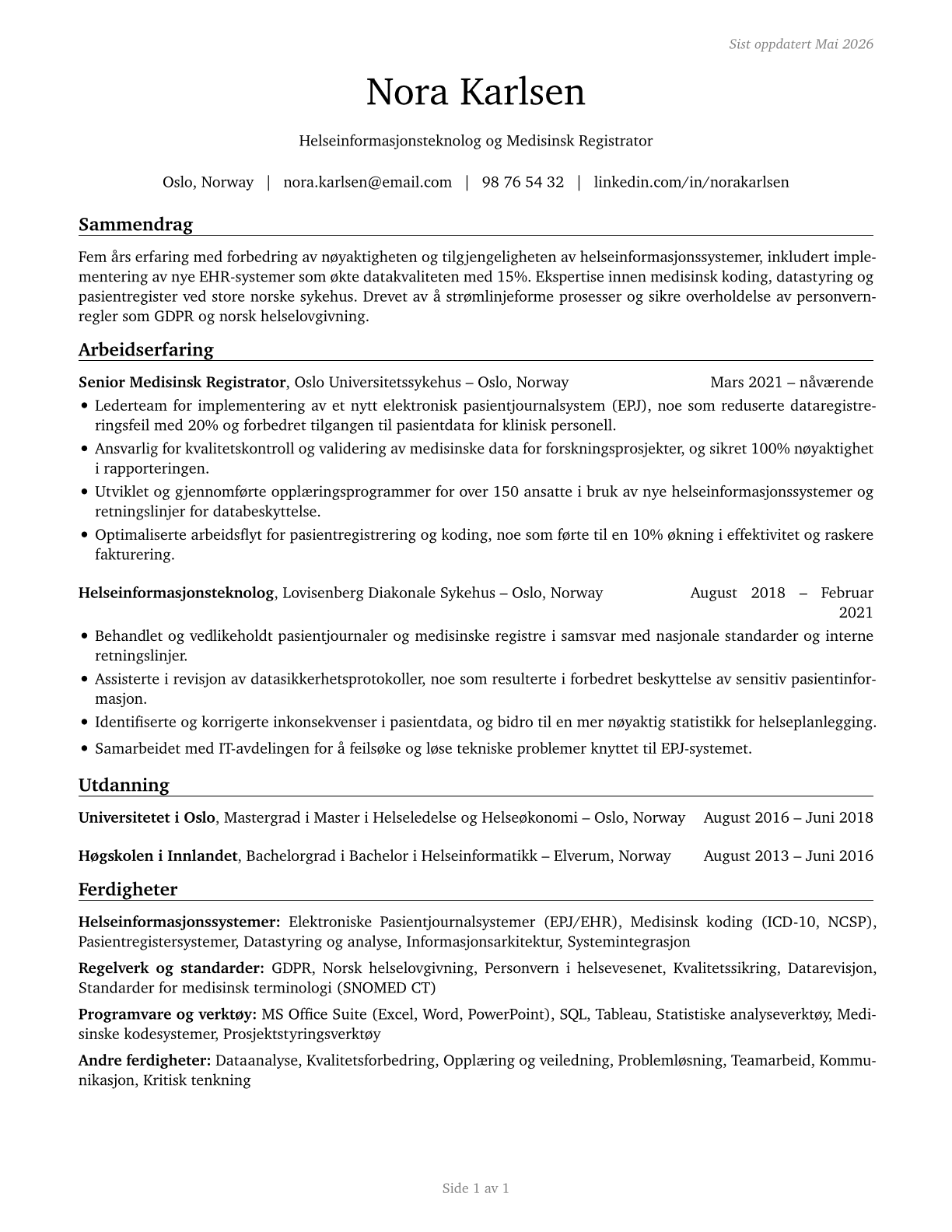 Health Information Technologists and Medical Registrars CV in Norwegian_bokmal — page 1