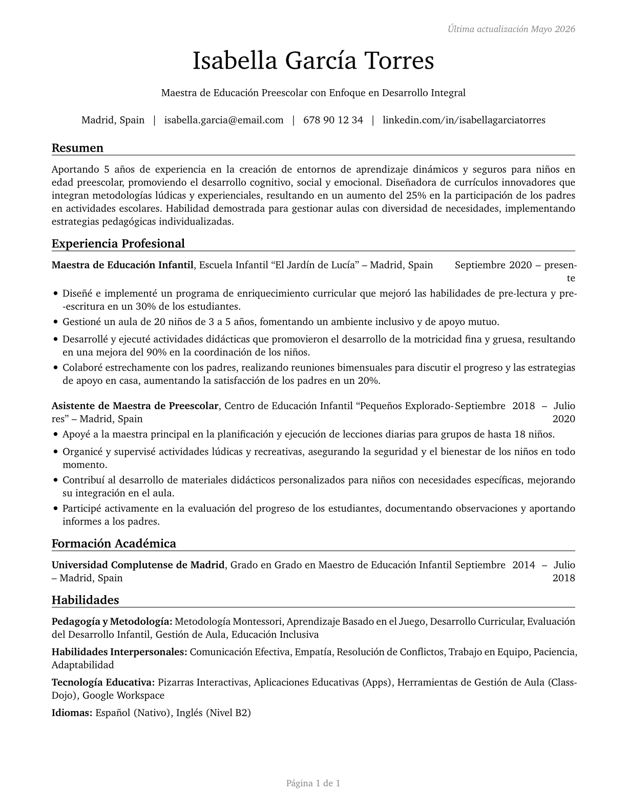 Preschool Teachers, Except Special Education CV in Spanish — page 1