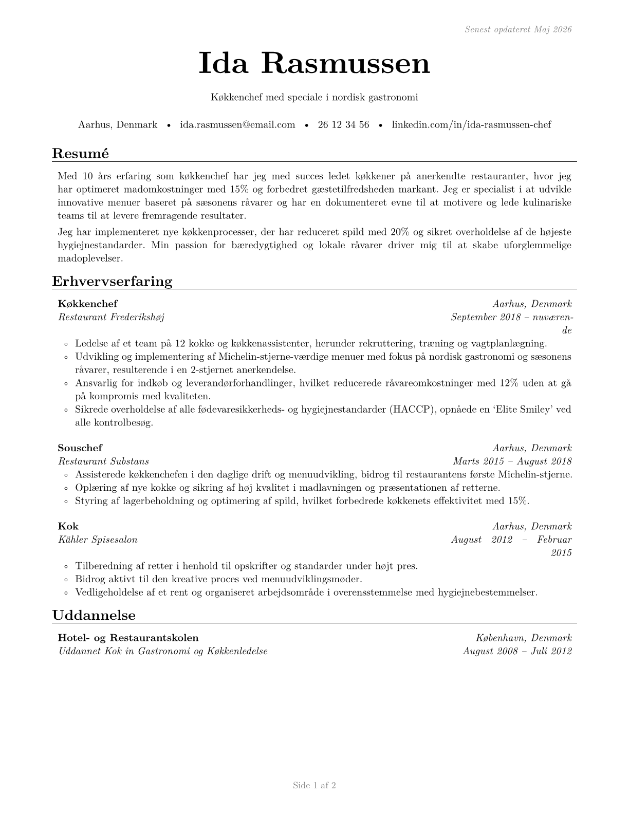 Chefs and Head Cooks CV in Danish — page 1