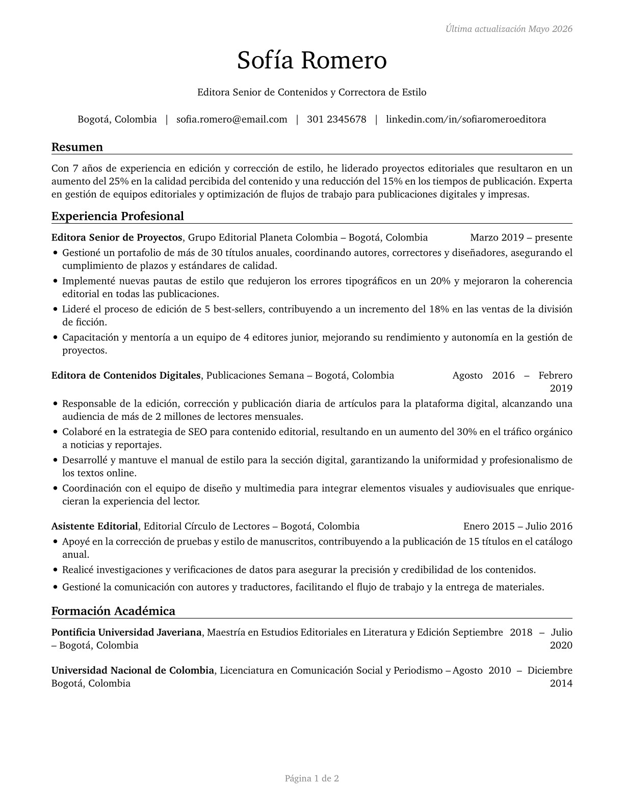 Editors CV in Spanish — page 1