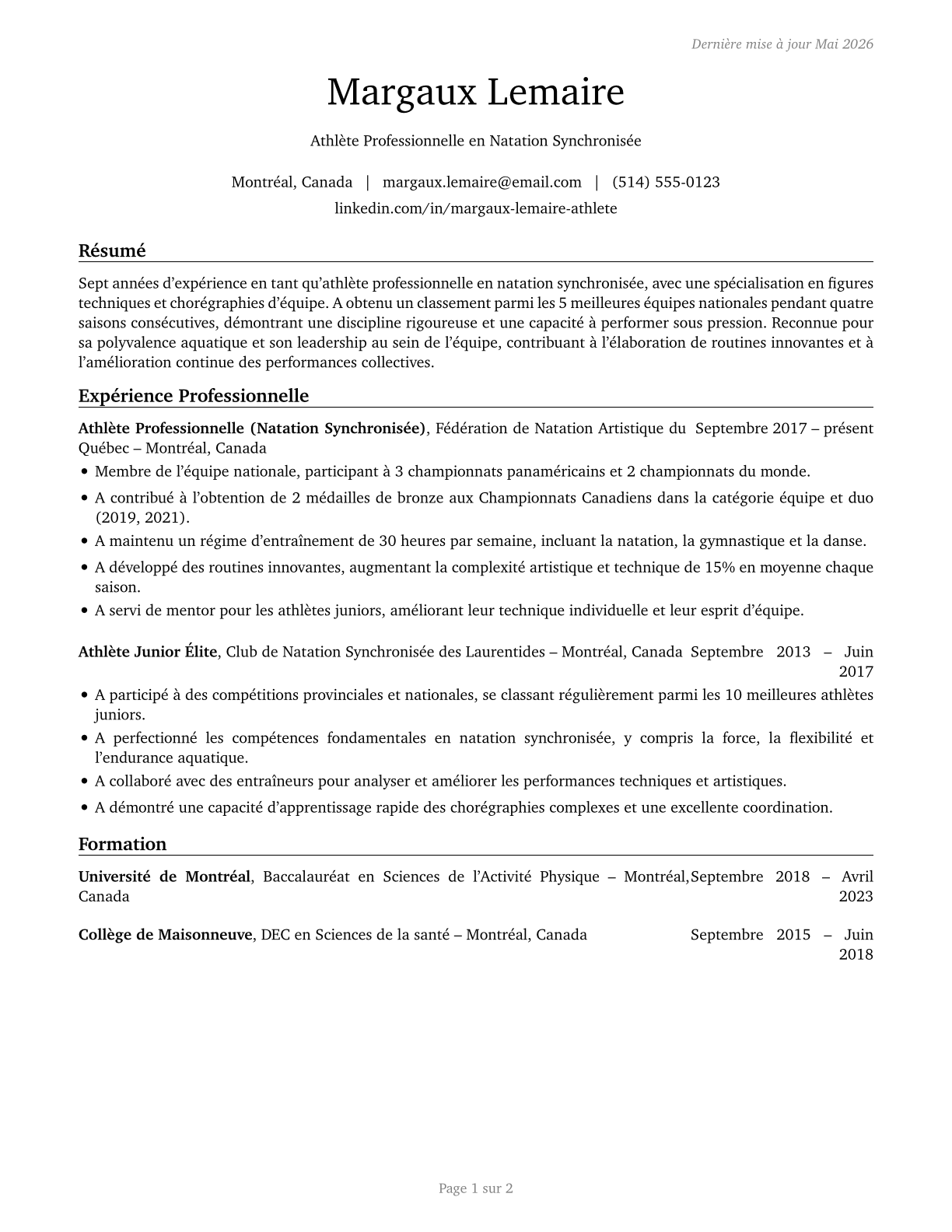 Athletes and Sports Competitors CV in French — page 1