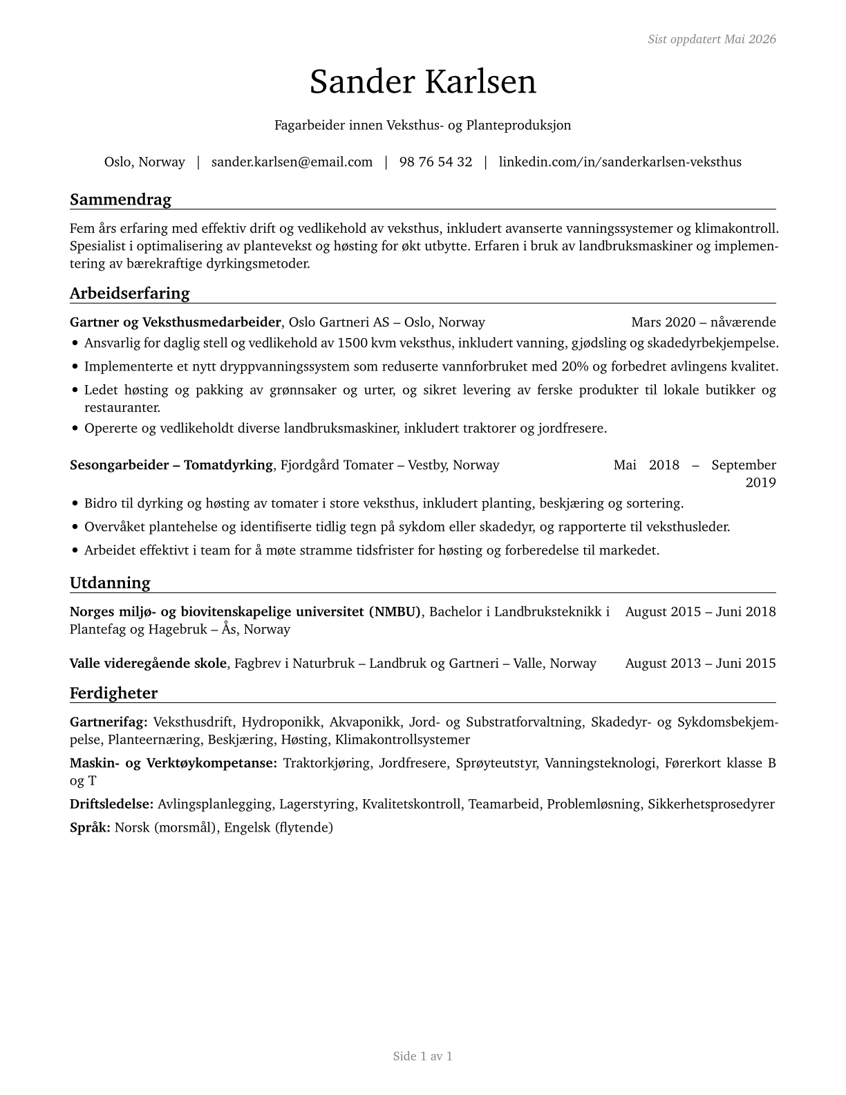 Farmworkers and Laborers, Crop, Nursery, and Greenhouse CV in Norwegian_bokmal — page 1