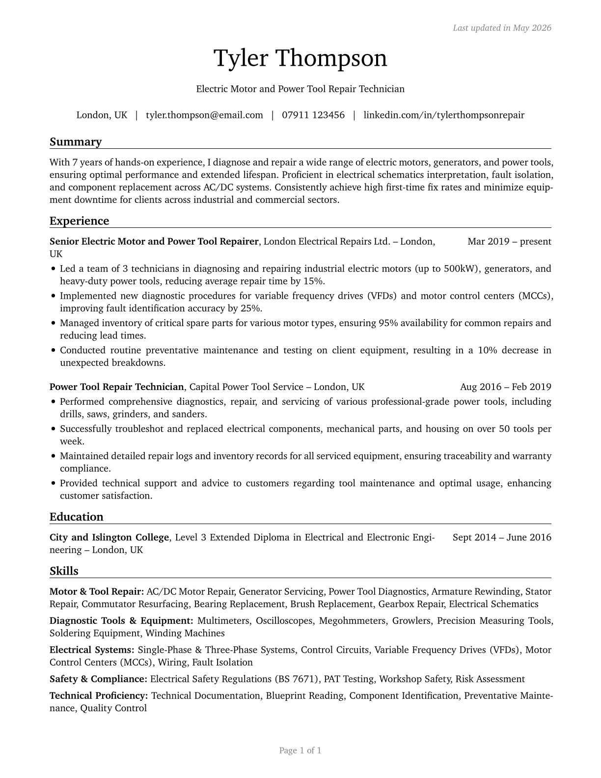 Electric Motor, Power Tool, and Related Repairers CV in English — page 1