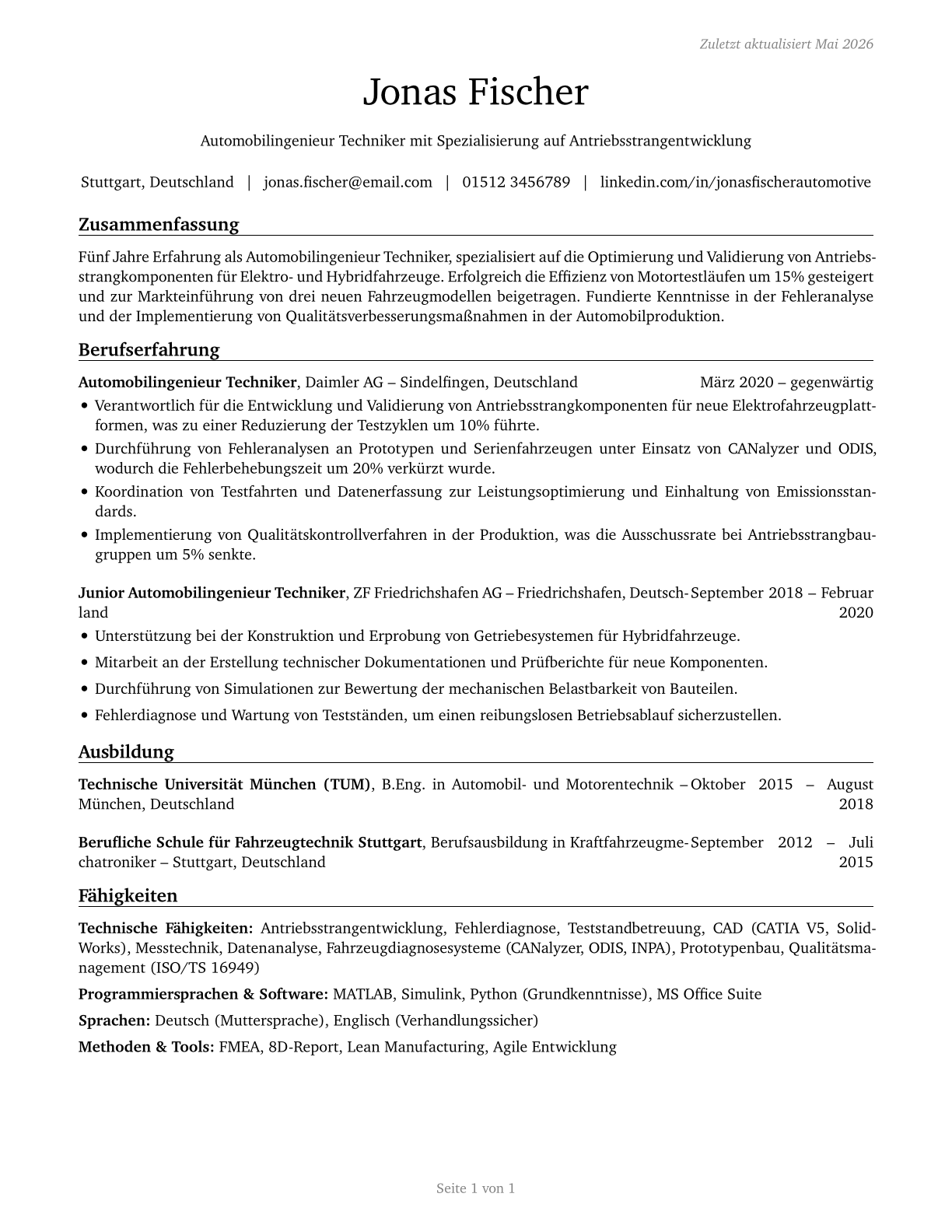 Automotive Engineering Technicians CV in German — page 1