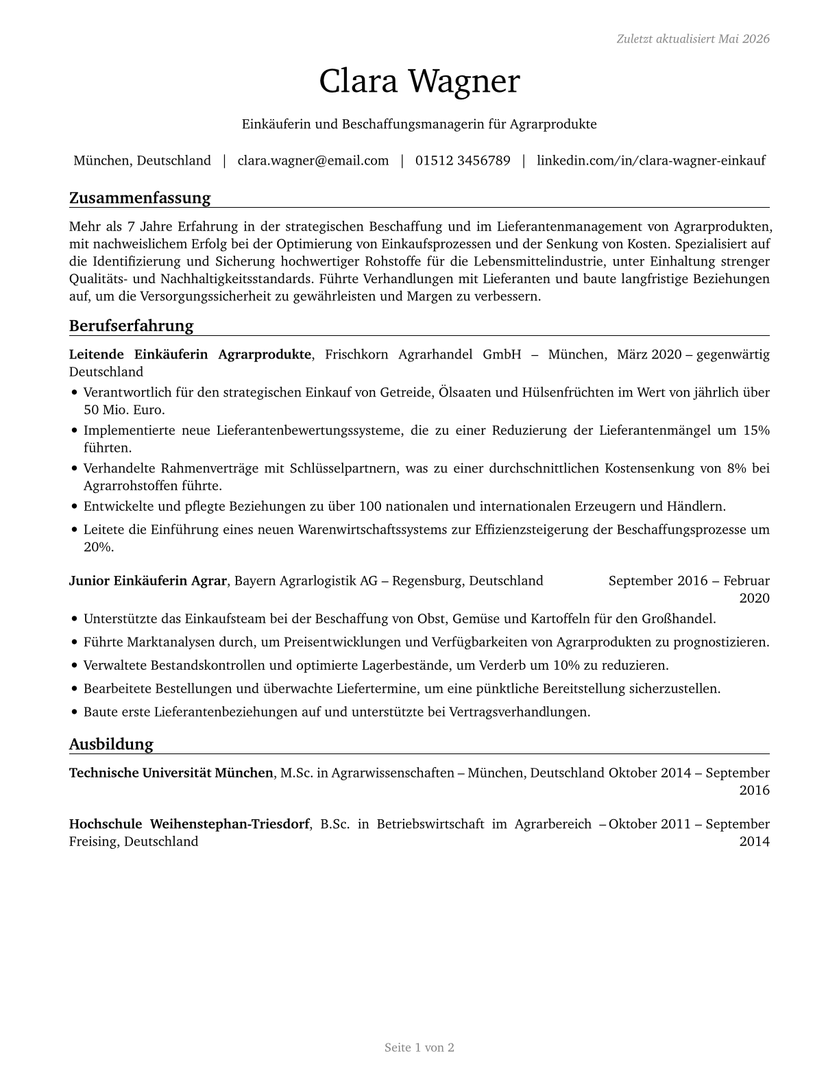 Buyers and Purchasing Agents, Farm Products CV in German — page 1
