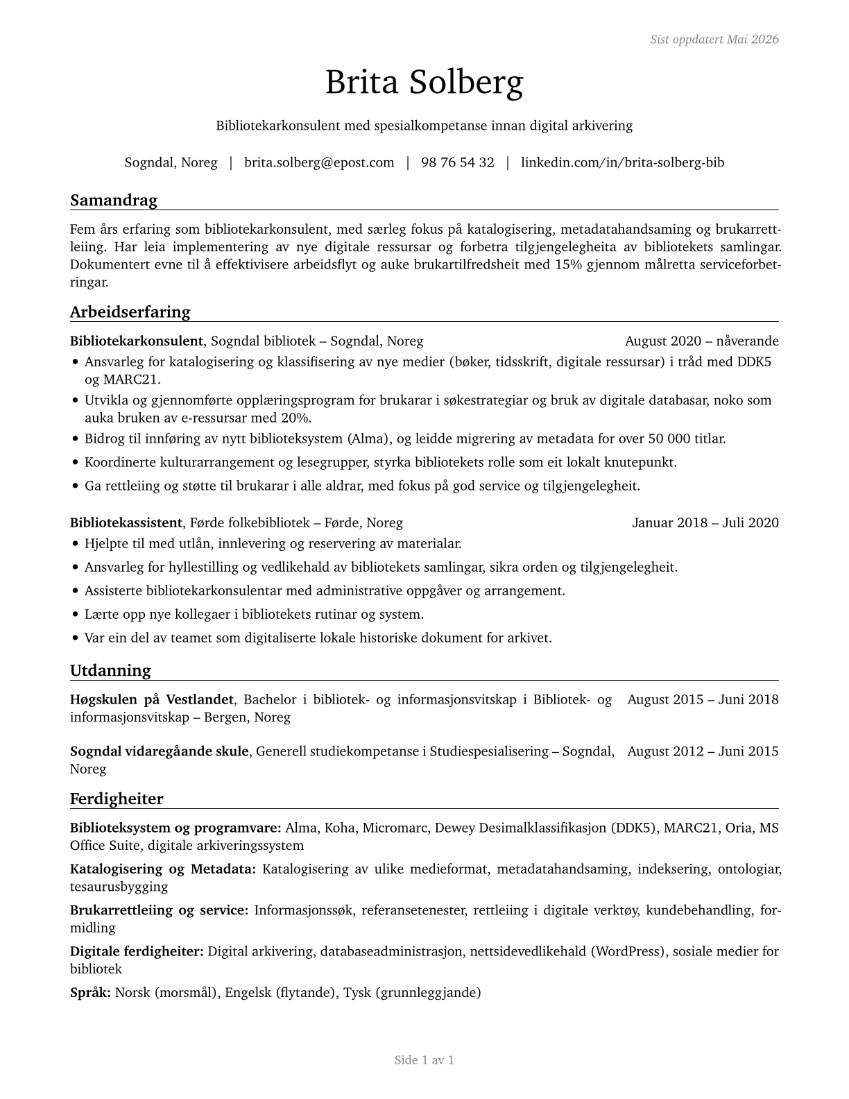 Library Technicians CV in Norwegian_nynorsk — page 1