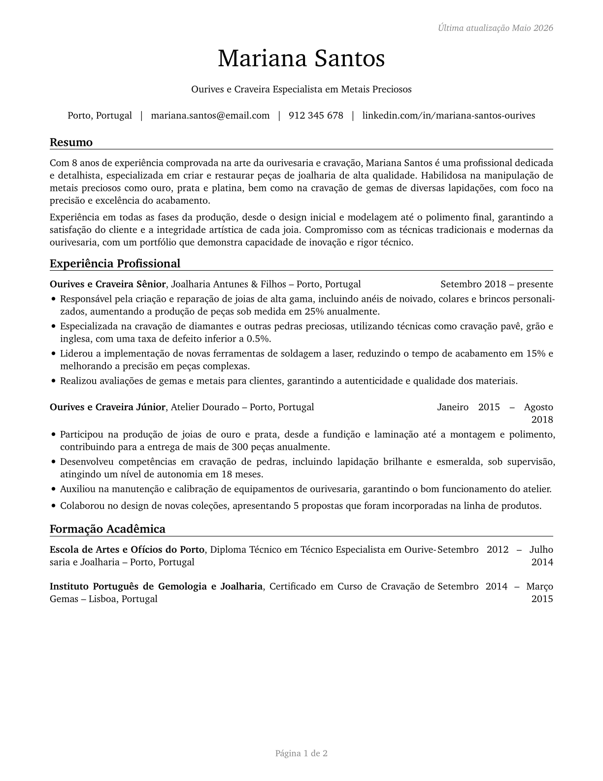 Jewelers and Precious Stone and Metal Workers CV in Portuguese — page 1