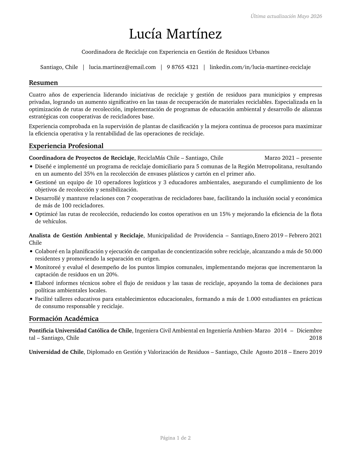 Recycling Coordinators CV in Spanish — page 1