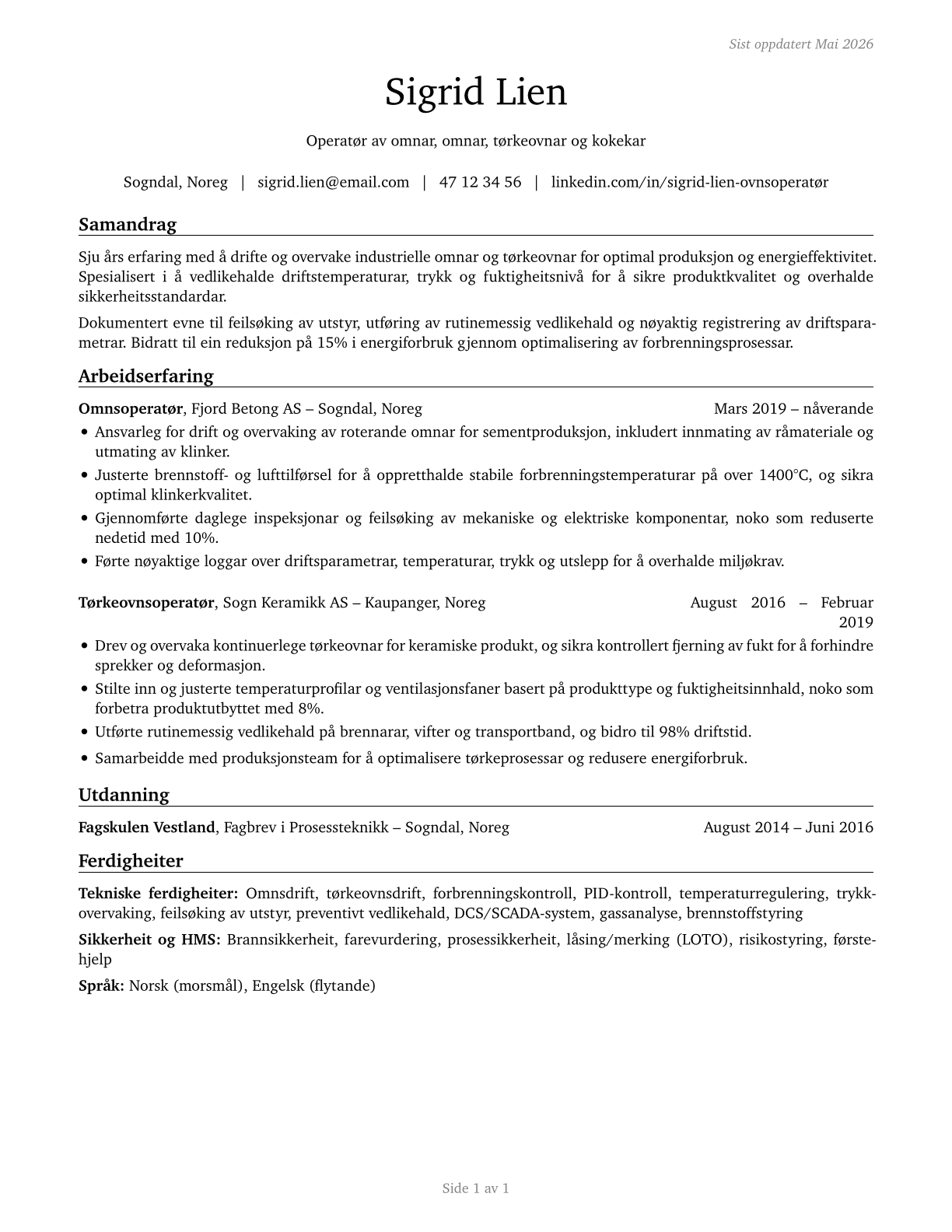 Furnace, Kiln, Oven, Drier, and Kettle Operators and Tenders CV in Norwegian_nynorsk — page 1