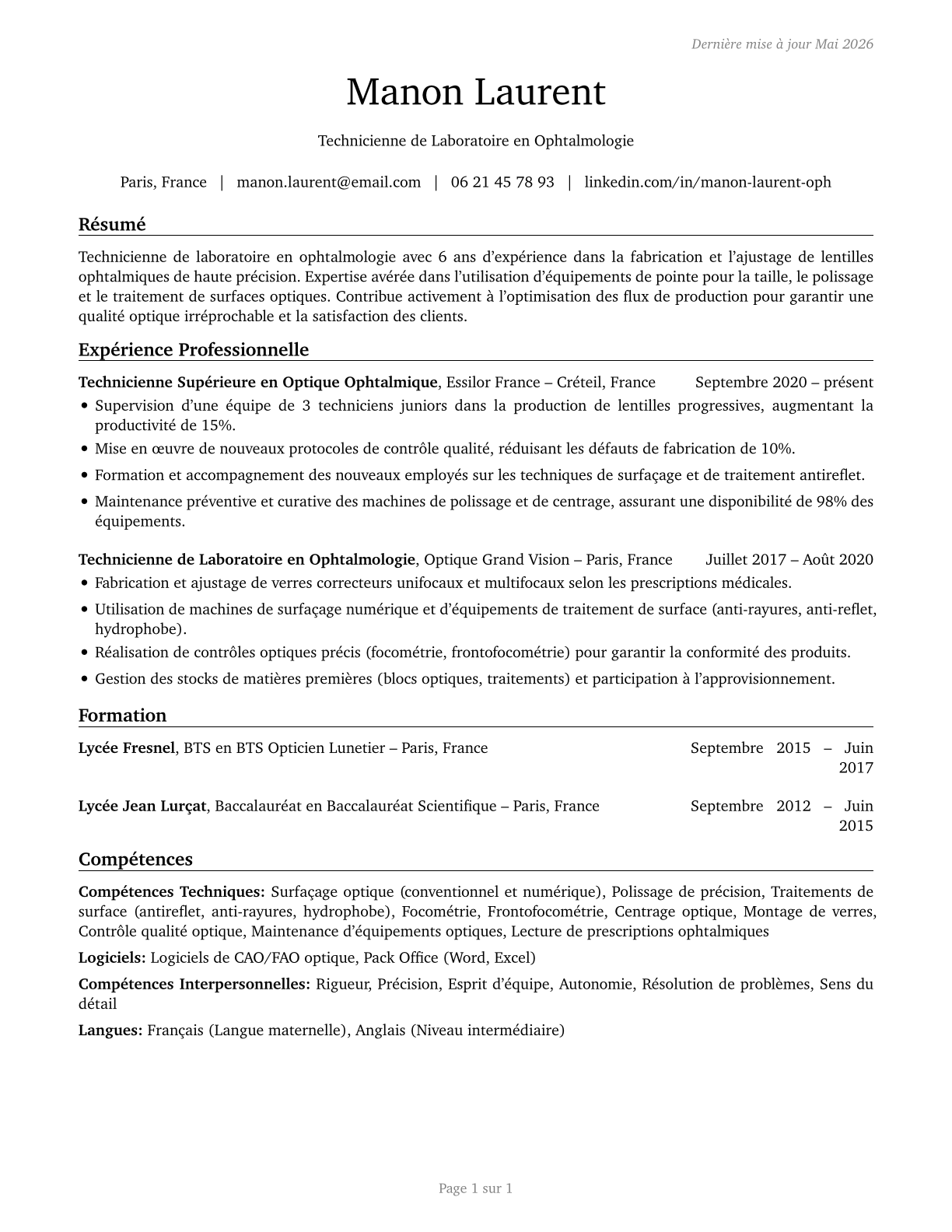 Ophthalmic Laboratory Technicians CV in French — page 1