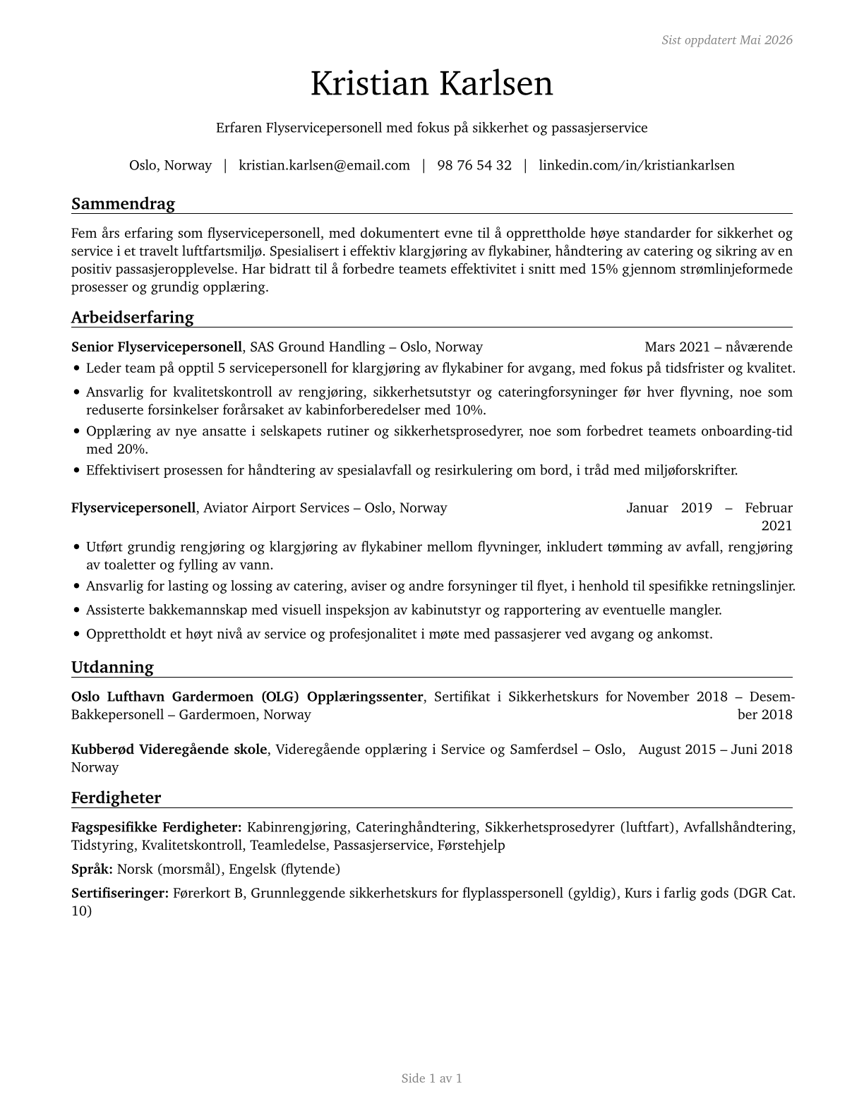 Aircraft Service Attendants CV in Norwegian_bokmal — page 1