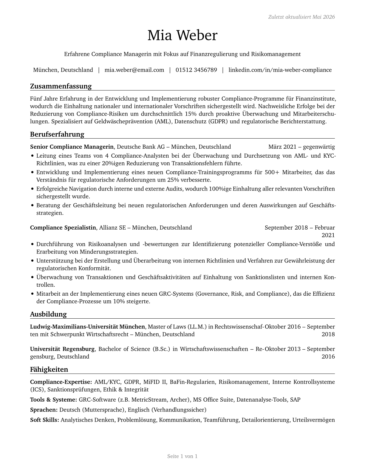Compliance Managers CV in German — page 1