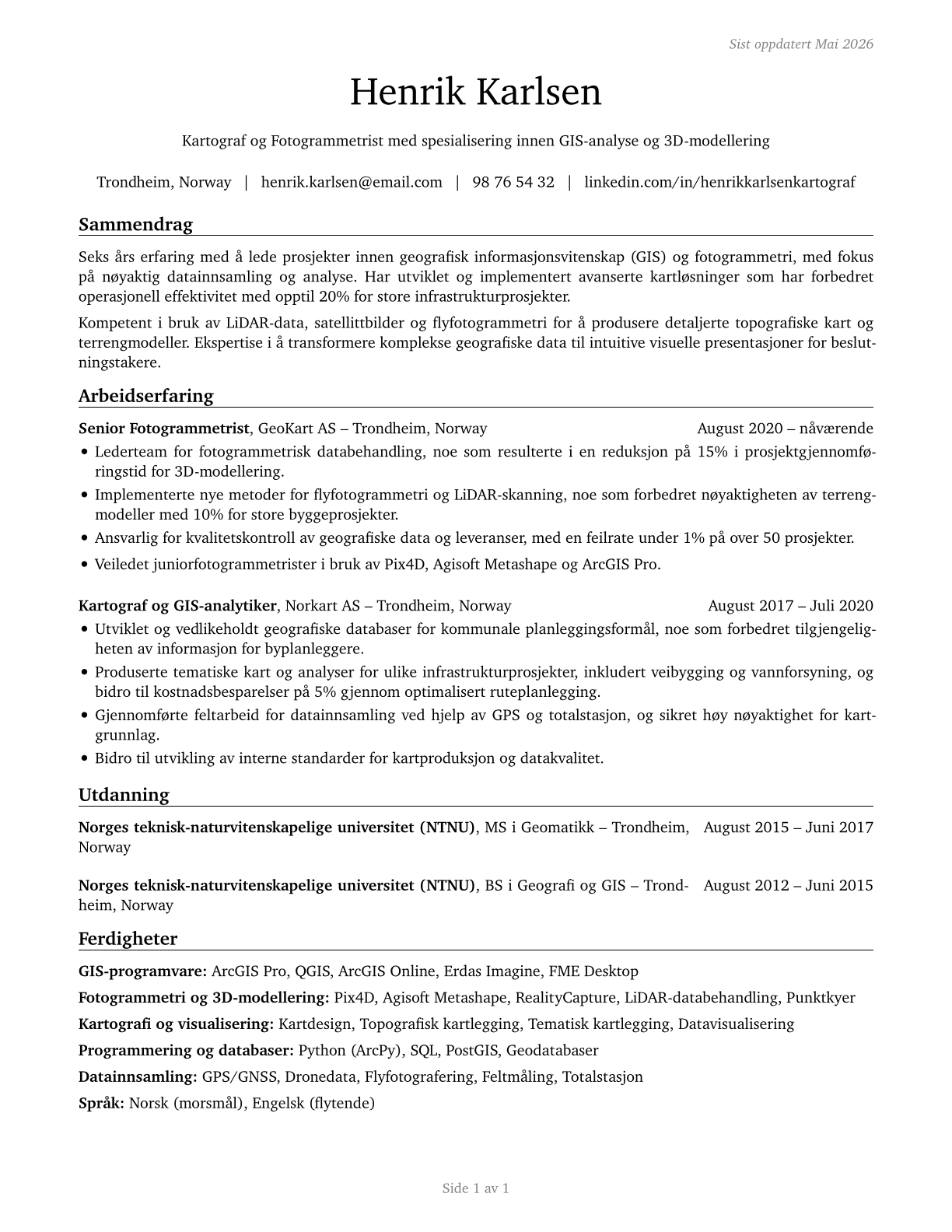 Cartographers and Photogrammetrists CV in Norwegian_bokmal — page 1