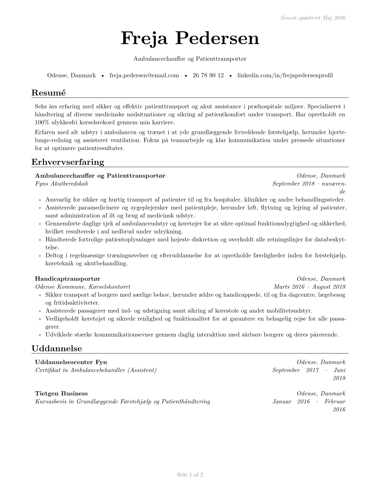 Ambulance Drivers and Attendants, Except Emergency Medical Technicians CV in Danish — page 1