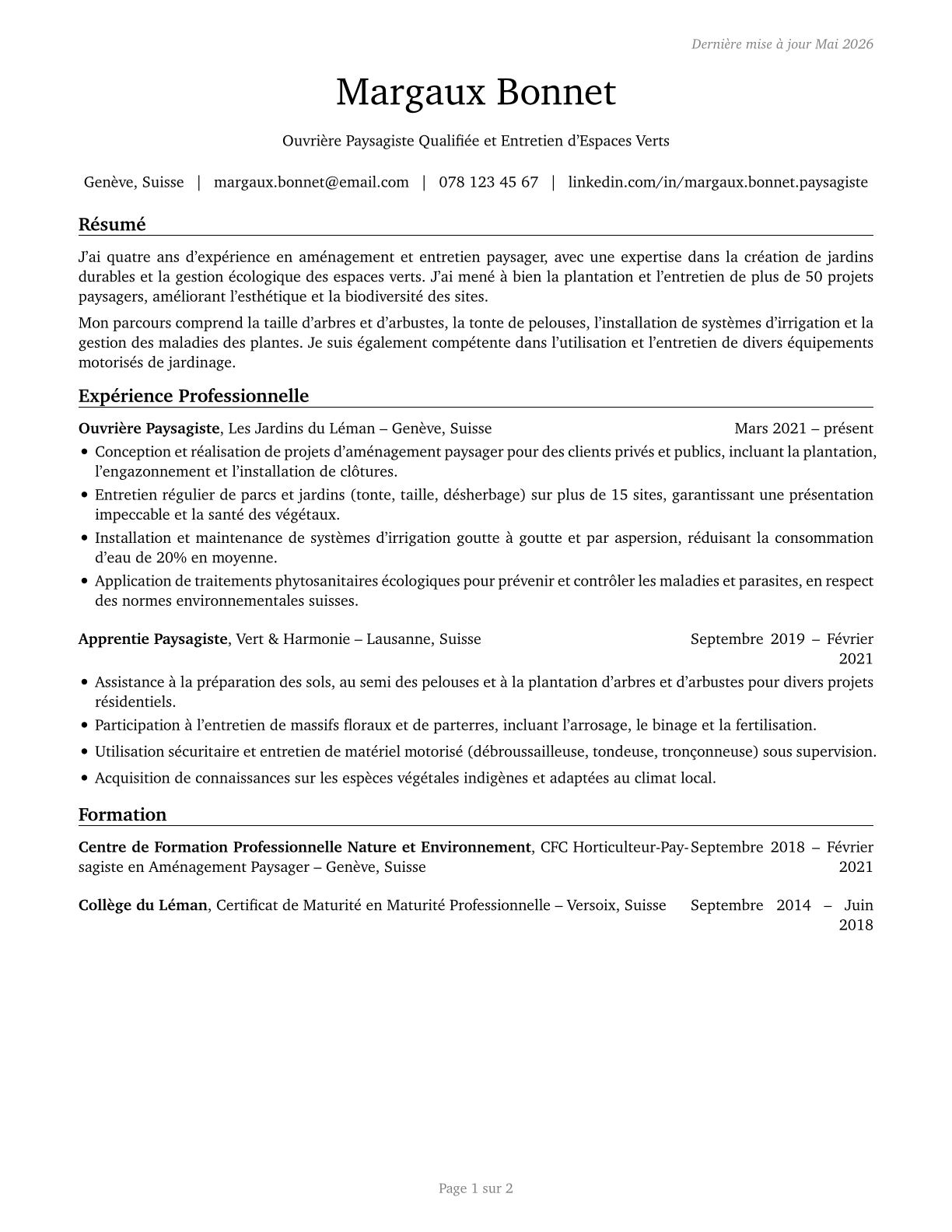 Landscaping and Groundskeeping Workers CV in French — page 1