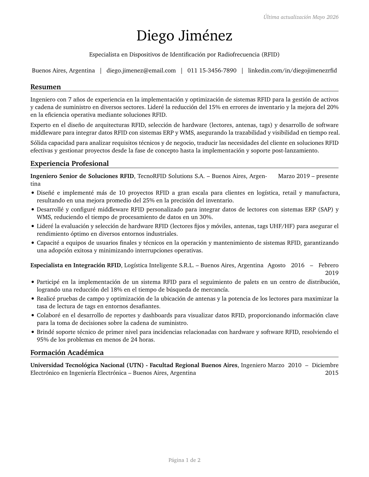 Radio Frequency Identification Device Specialists CV in Spanish — page 1