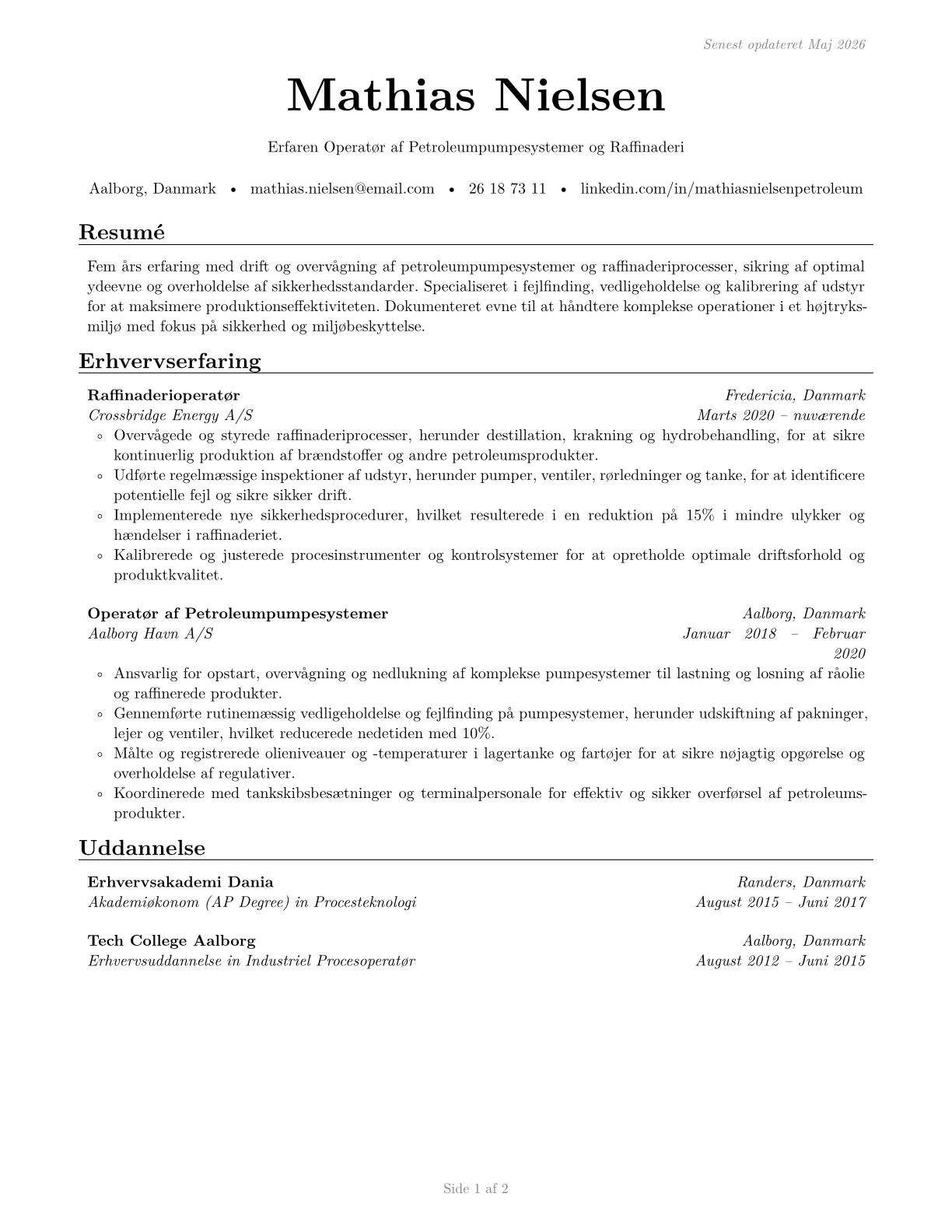 Petroleum Pump System Operators, Refinery Operators, and Gaugers CV in Danish — page 1