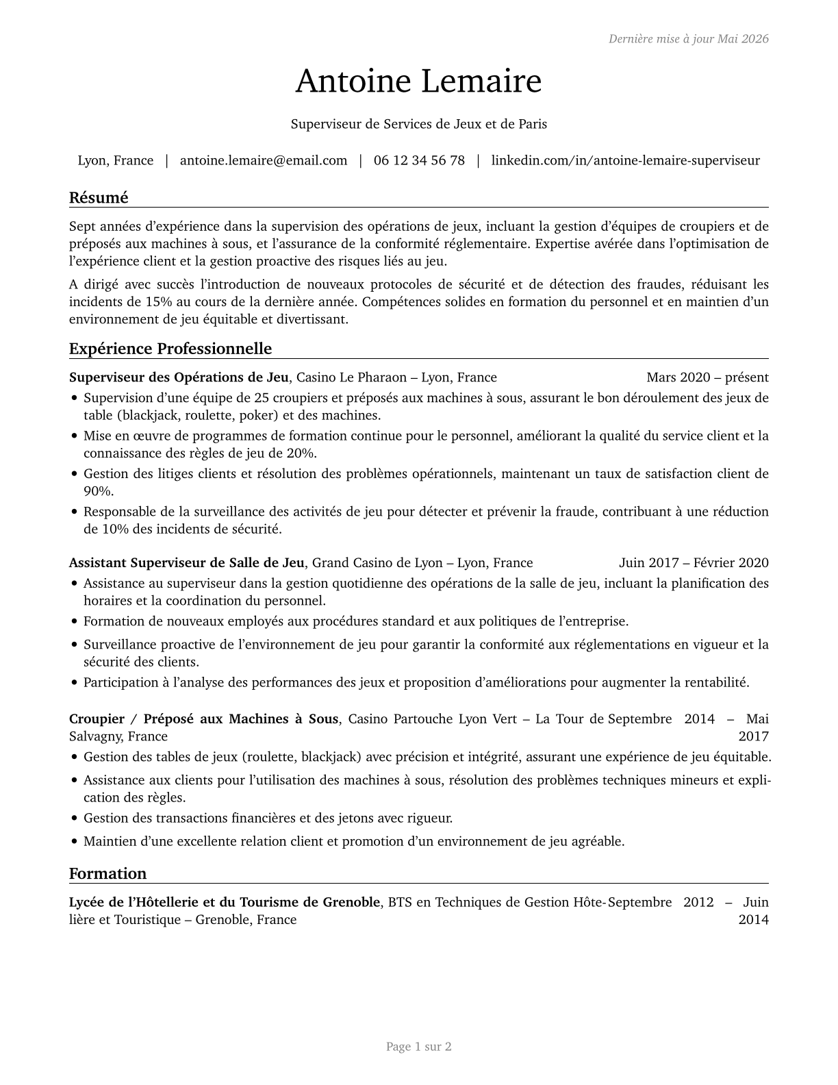 First-Line Supervisors of Gambling Services Workers CV in French — page 1