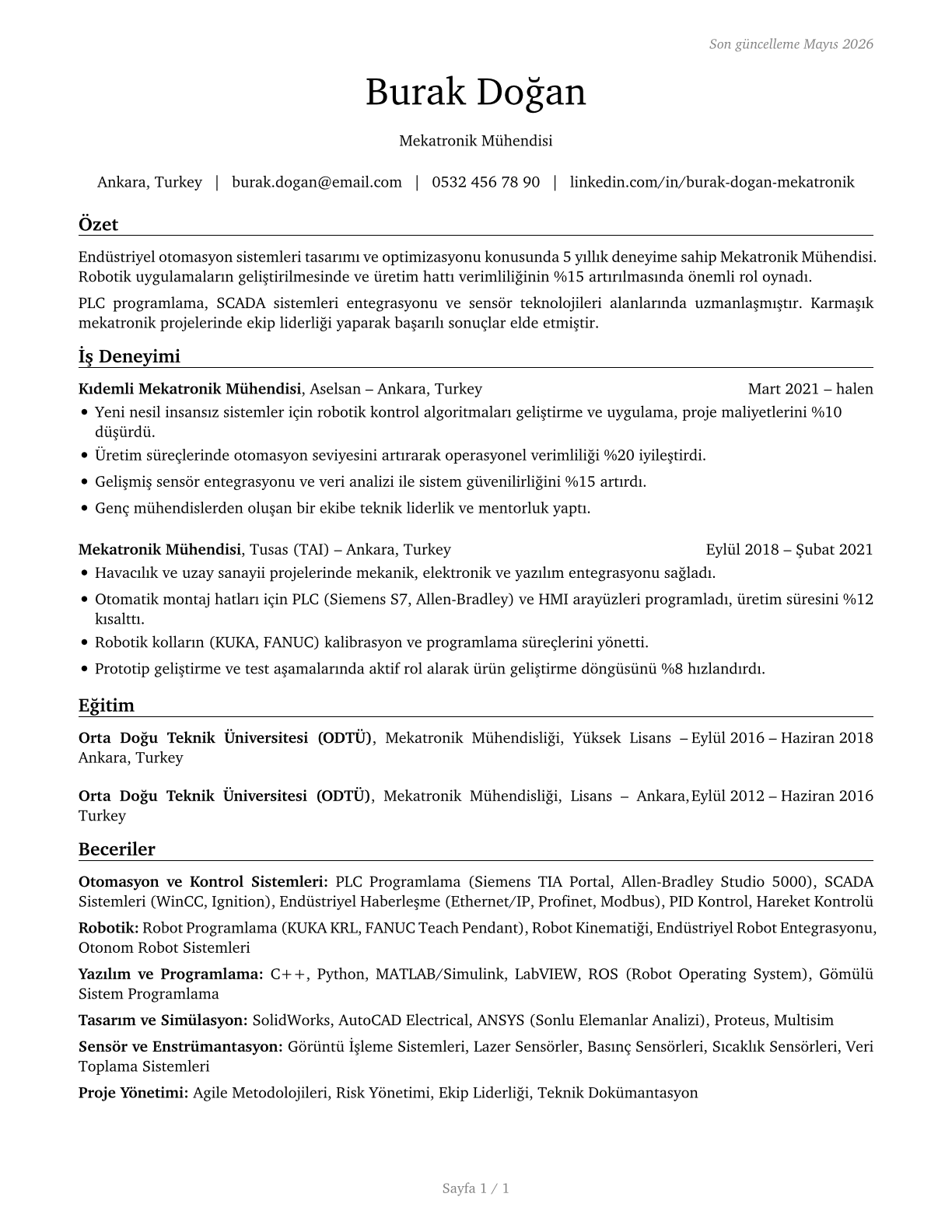 Mechatronics Engineers CV in Turkish — page 1