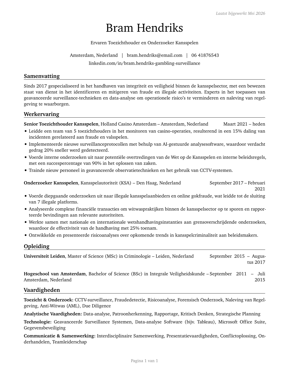 Gambling Surveillance Officers and Gambling Investigators CV in Dutch — page 1